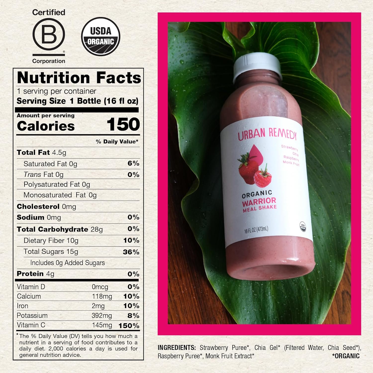 Urban Remedy Organic Warrior Meal Shake, 16 fl oz, with Raspberries, Strawberries & Chia Seeds, Low Glycemic, High Fiber Berry Smoothie, Organic, Non-GMO, Gluten-Free, Dairy-Free, Ready-to-Drink - Image 2