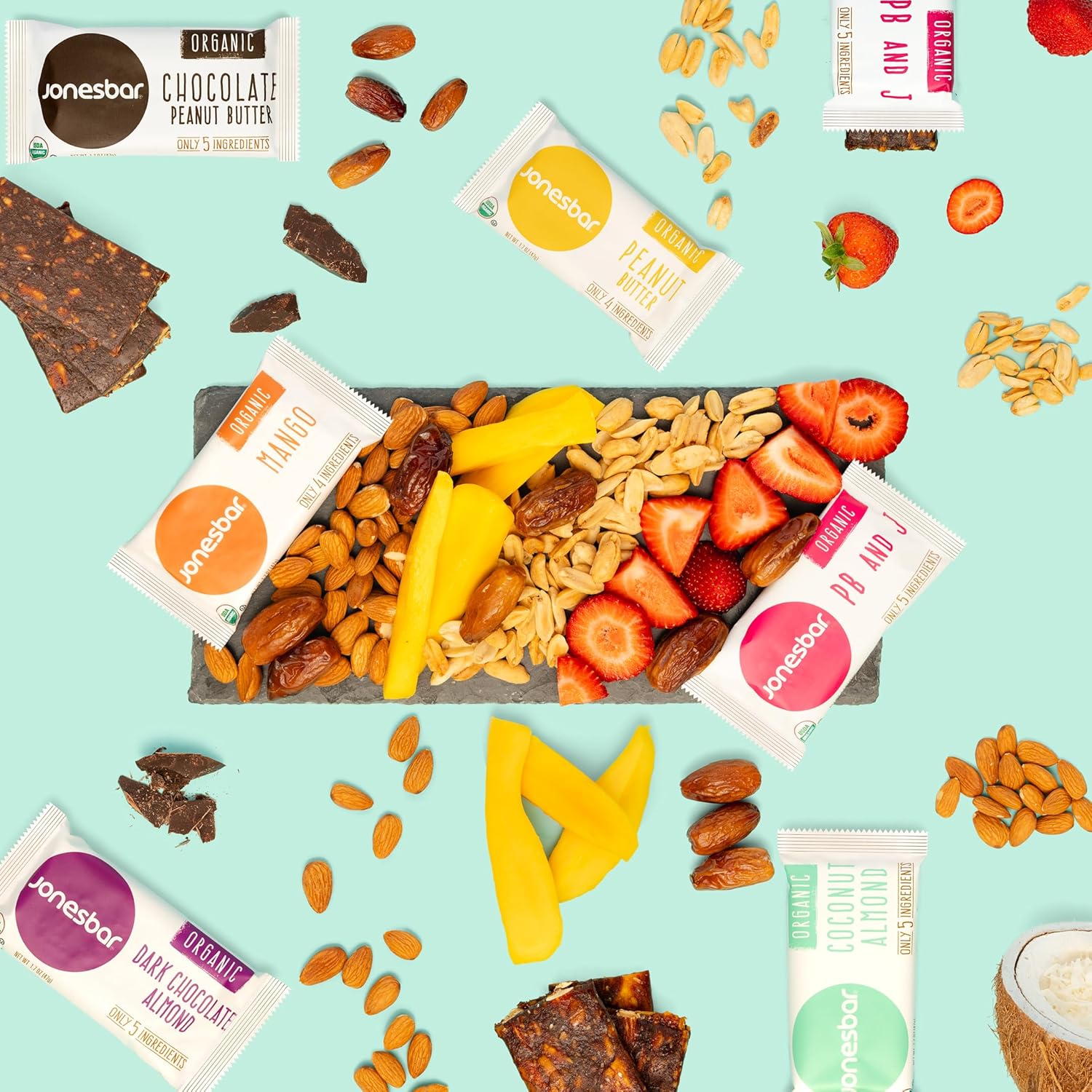 JONESBAR Organic Plant Based Protein Bars | 6 Flavor Variety Pack | Fruit & Nut Bar, Kosher, Gluten Free, Breakfast Bars, School Snacks, Vegan Snack & Healthy Snacks for Adults and Kids (Pack of 12) - Image 8