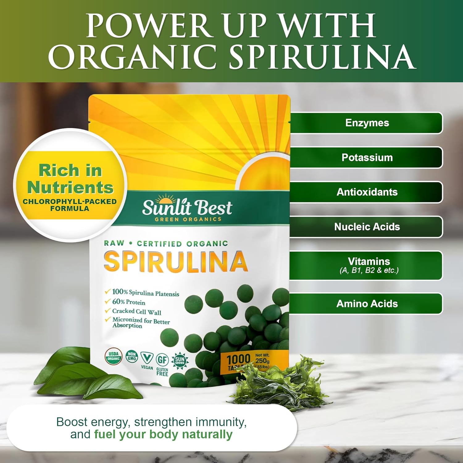 Sunlit Best - USDA Organic Spirulina Tablet - Natural Super Greens Supplements for Immune Support, Gut Health & Boost Energy Tablets with Chlorophyll, Vegan & High Protein Non GMO, 1000 Superfood Tabs - Image 2