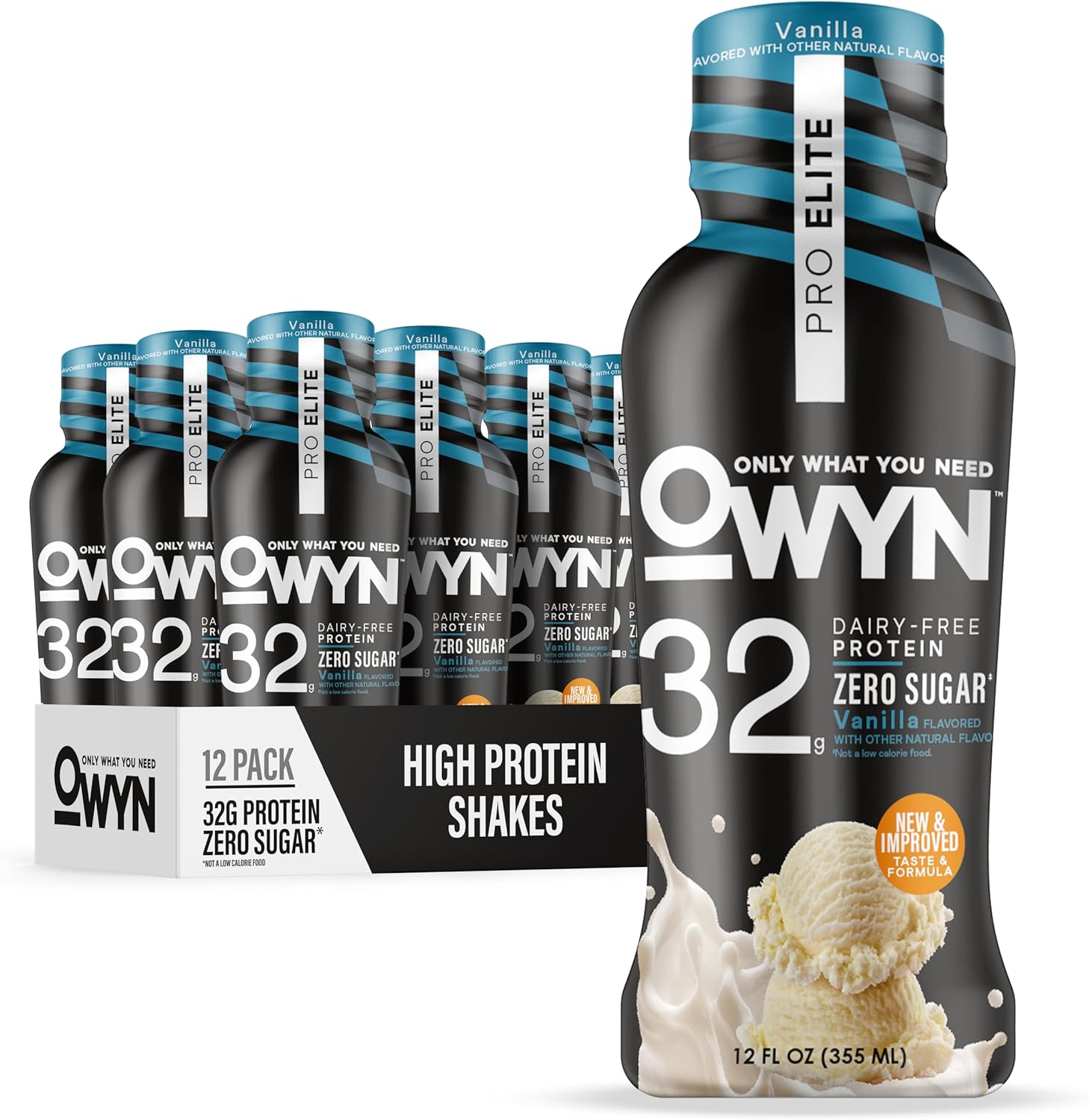 OWYN Only What You Need Pro Elite Vanilla Flavored Protein Shake, 32g Protein, 0g Sugar, High Protein, Dairy Free, Gluten Free, Plant Based Protein Drink, 12 Count