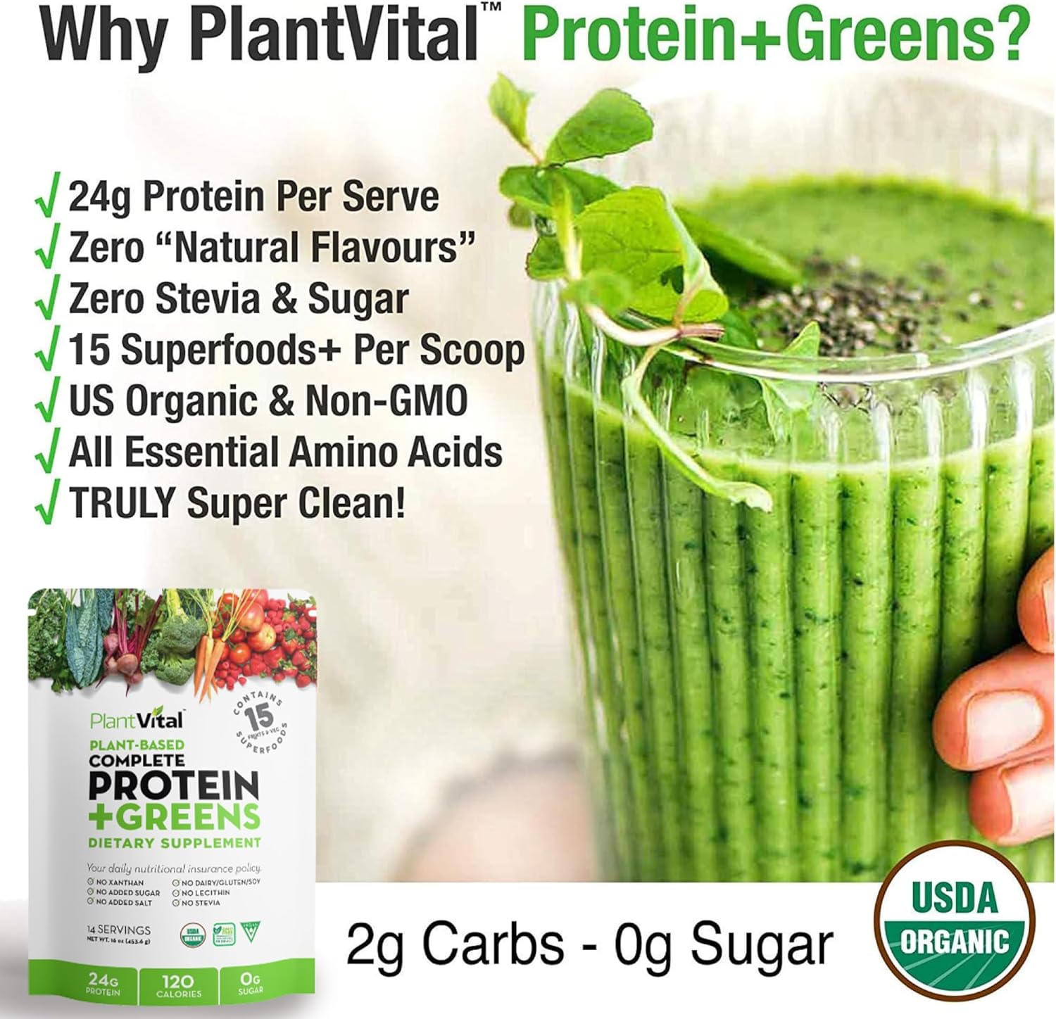 Plantvital Unflavored Organic Vegan Protein Powder - 15 Superfoods, Veggies and Probiotics - Organic Plant-Based Protein Powder - All BCAA’s, Gluten Free - 16oz -1 Pouch - Image 3