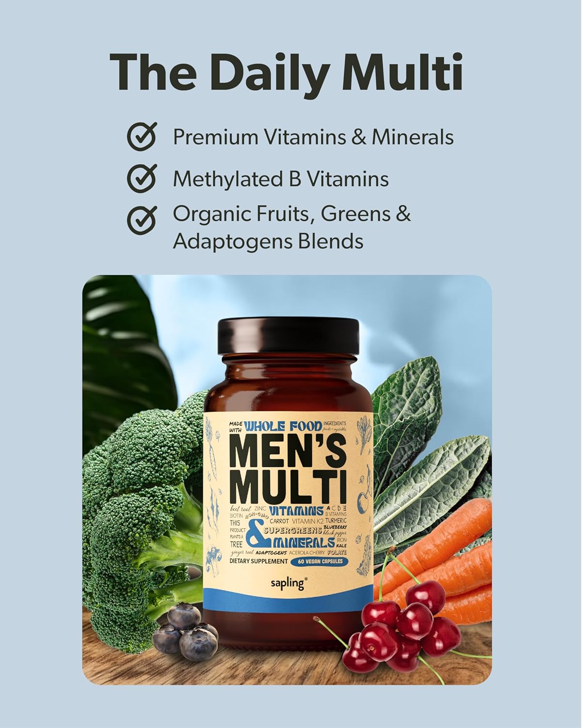 Multivitamin for Men - Daily Men’s Multivitamin - Methylated B Complex with Whole Food Ingredients, Vitamin B12, Folate, A, C, D3, E, K2, Organic Fruits & Vegetables - Vegan, Non-GMO - 60 Caps - Image 2