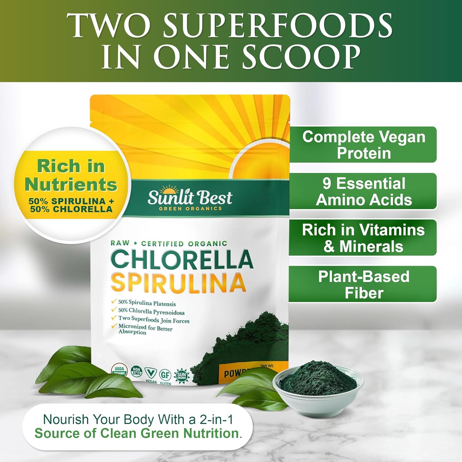 Sunlit Best USDA Organic Chlorella Spirulina Powder - 100% Raw & Vegan Source of Protein & Chlorophyll | Non GMO & Gluten Free Superfood Energy Drink | Gut Health & Immune Support Supplement, 8 oz - Image 2