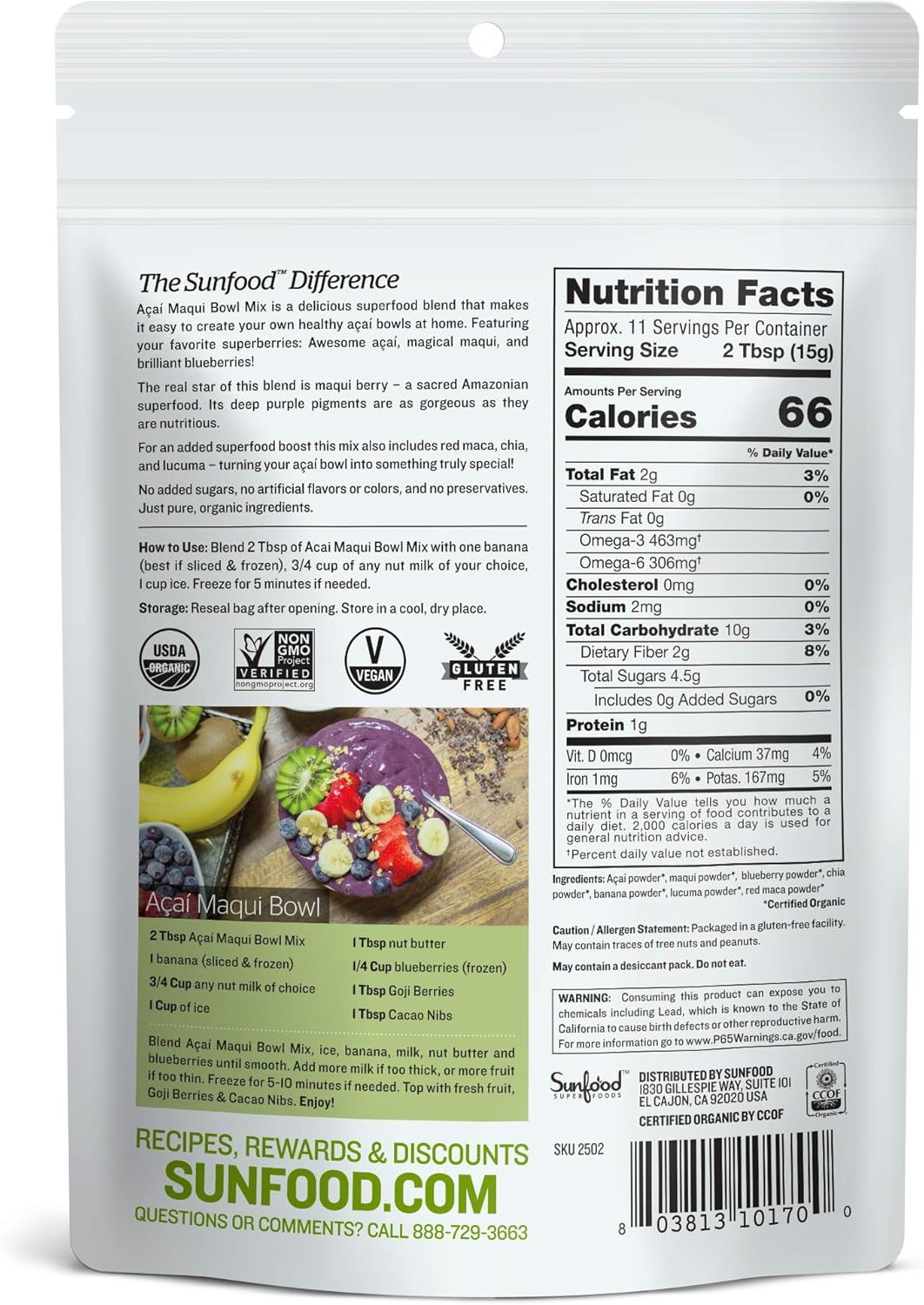 Sunfood Superfoods Organic Acai Maqui Bowl Mix - Organic Acai Powder and Maqui Powder Berry Extract for Smoothie Bowls, Antioxidants & Vitamin C - 6 Oz Bag - Image 2