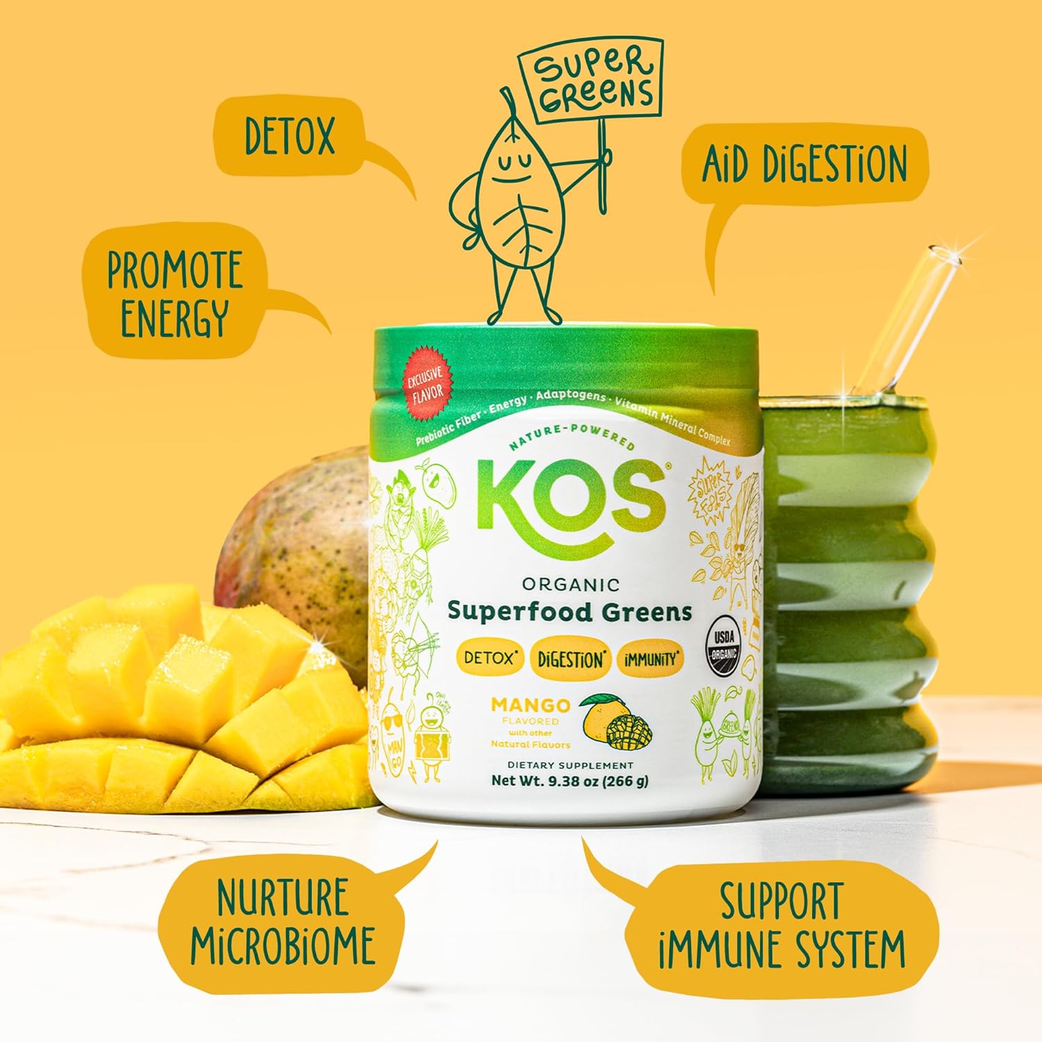 KOS Organic Superfood Greens Powder - Gut Health from Prebiotic Fiber, Supergreens and Adaptogens - USDA Certified Organic, Made in a GMP Certified Facility - 28 Servings Mango - Image 2