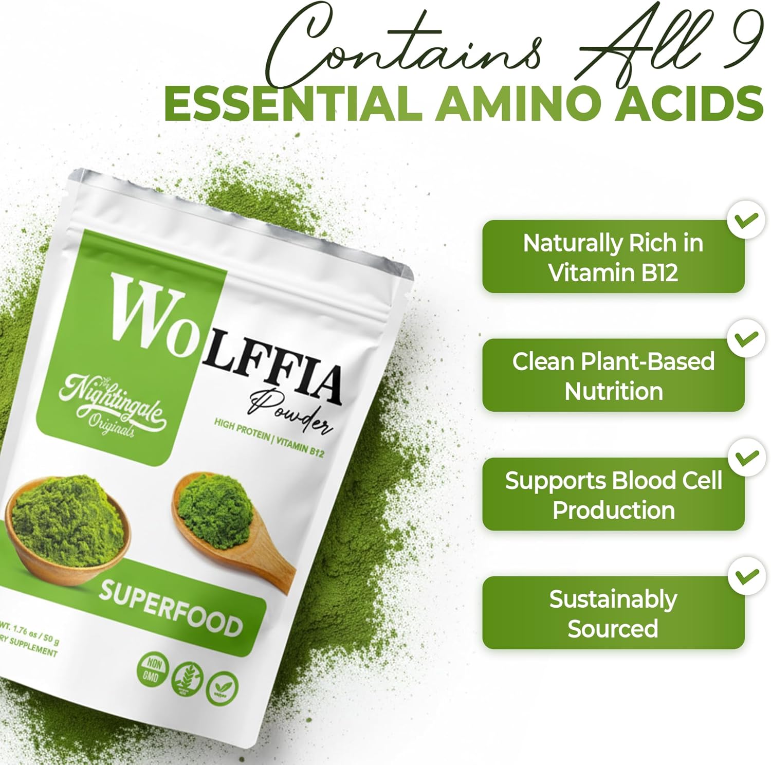Wolffia Globosa Organic Protein Powder - Pure Plant Based Protein Organic Superfood with B12, Iron & Omega-3 - Non-GMO, Gluten Free Greens Powder for Daily Nutrition, Energy, Wellness - 50g - Image 2