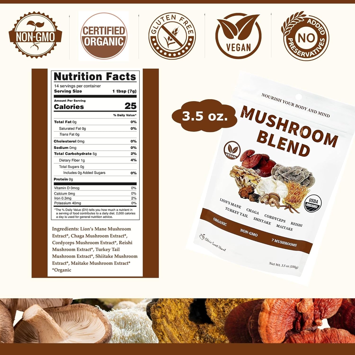 Cherie Sweet Heart 7 Mushroom Extract Powder – USDA Organic Superfood Blend with Lion's Mane, Reishi, Cordyceps, Maitake, Shiitake, Turkey Tail & Chaga – Vegan, Non-GMO, Gluten-Free – 3.5 oz - Image 2
