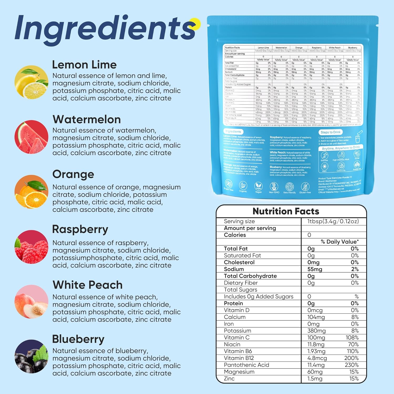 VitalHarvest 36 Sticks Electrolytes Powder Packets 6 Flavors Sugar Free Hydration Packets Electrolyte Liquid Daily IV Drink Mix with Lemon Lime, Watermelon, Orange, Raspberry, White Peach, Blueberry - Image 2