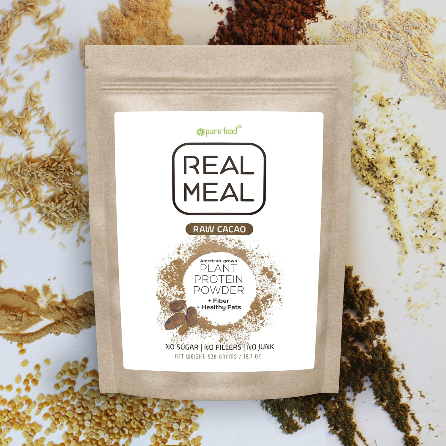 Pure Food Real Meal Vegan Protein Replacement Powder - Organic Plant-Based Gluten-Free Low-Carb High-Fiber No-Sugar Formula - 530 Gram Raw Cacao (Chocolate) Flavor - Image 7