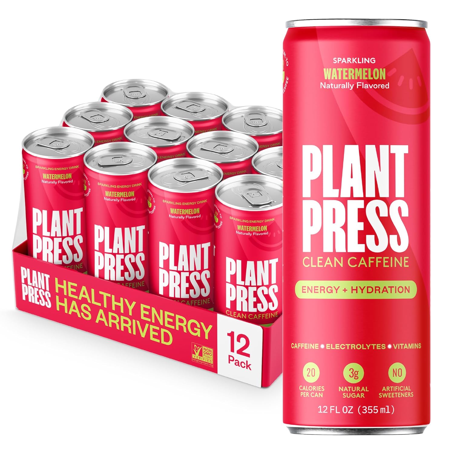 Plant Press - Organic Energy Drink, 100 mg Caffeine Clean Coffee Alternative, Full Range of Vitamins, Electrolytes, No Sugar Alcohols, No Preservatives (12 Fl Oz (Pack of 12), Watermelon)