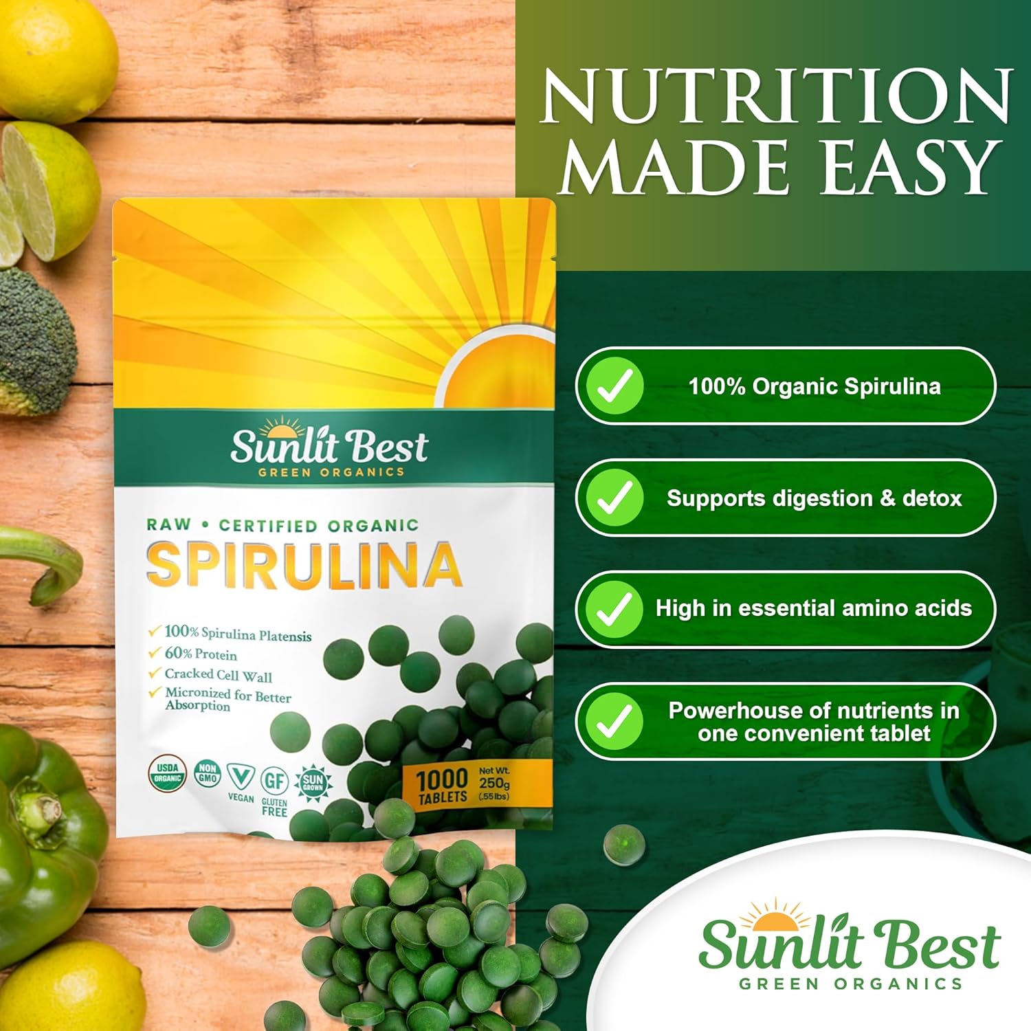 Sunlit Best - USDA Organic Spirulina Tablet - Natural Super Greens Supplements for Immune Support, Gut Health & Boost Energy Tablets with Chlorophyll, Vegan & High Protein Non GMO, 1000 Superfood Tabs - Image 4