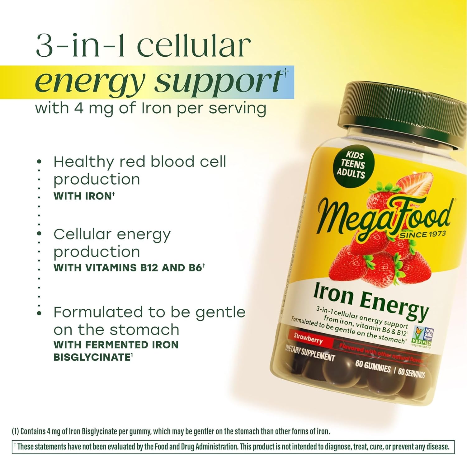 Megafood Iron Energy Gummies, Iron Supplement for Women, Men, Teens & Kids with Vitamin B12 & B6, Vitamins, from The Makers of Blood Builder Supplement, Strawberry Flavor, 60 Count - Image 3