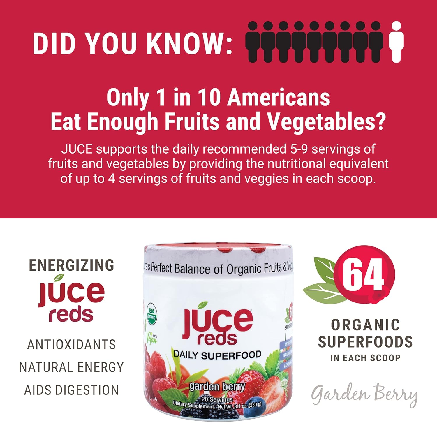 Terra Kai Organics JUCE Reds Organic Superfood Powder - Garden Berry Flavor | Fruit & Veggie Powder for Everyone w/64 Immune Boosting Superfood Plus Probiotics for Gut Health | 20 Servings (230g) - Image 3