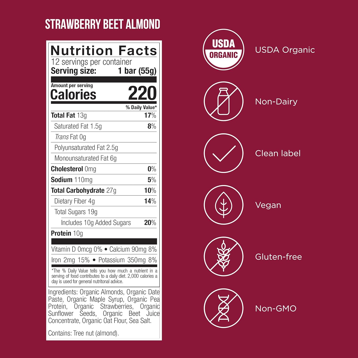 POSSIBLE Snack Bar - Whole Food Snack to Support a Healthy & Active Lifestyle - 10g of Organic Plant-Based Protein - Energy Support with Healthy Fats - Strawberry Beet Almond, 12 Count (Pack of 1) - Image 2