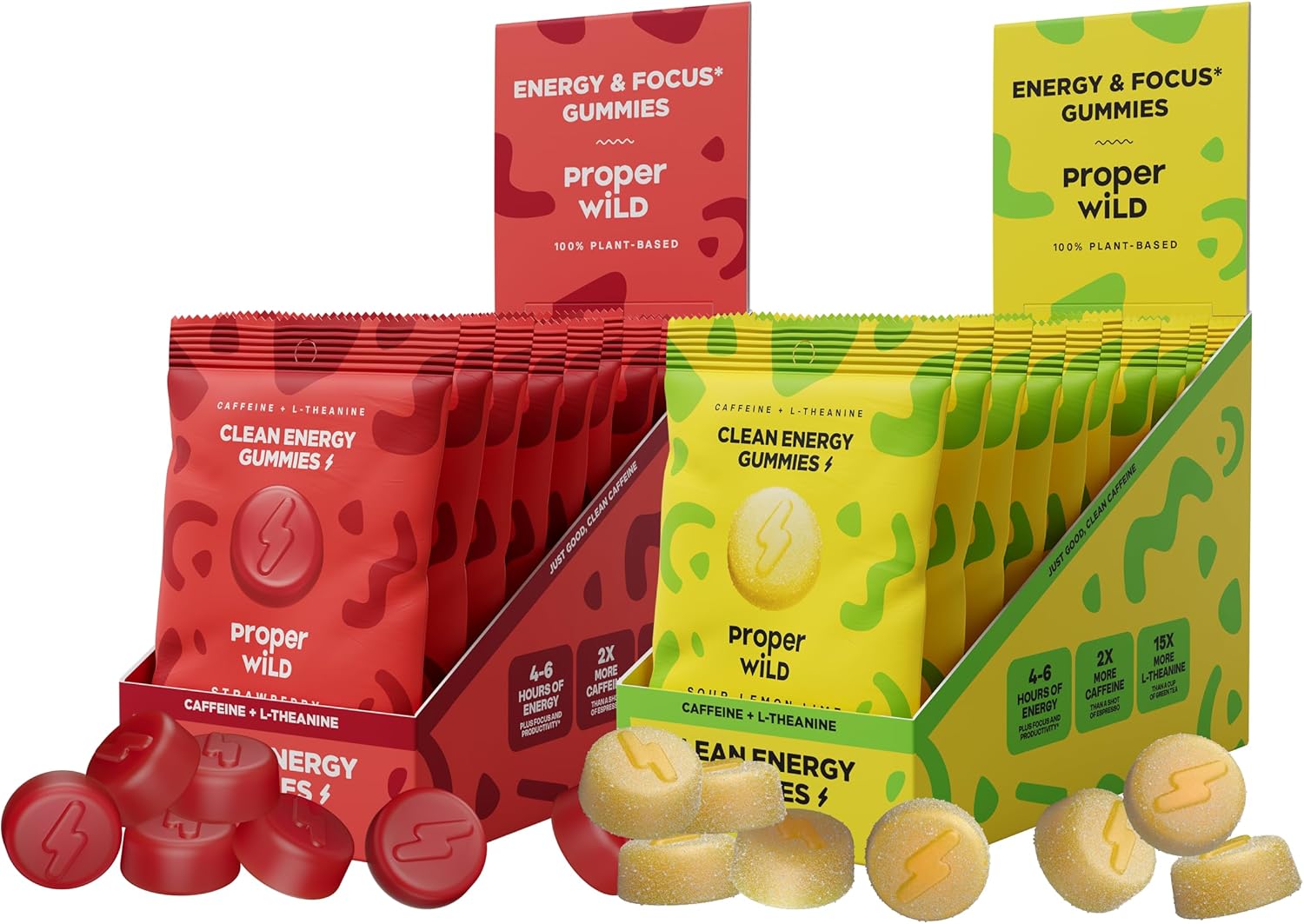 Proper Wild Vegan Energy Gummies Variety Bundle, Strawberry + Sour Lemon Lime (10-Pack Each), Clean Caffeine + L-Theanine for Focus & Lasting Energy, Plant-Based, Non-GMO
