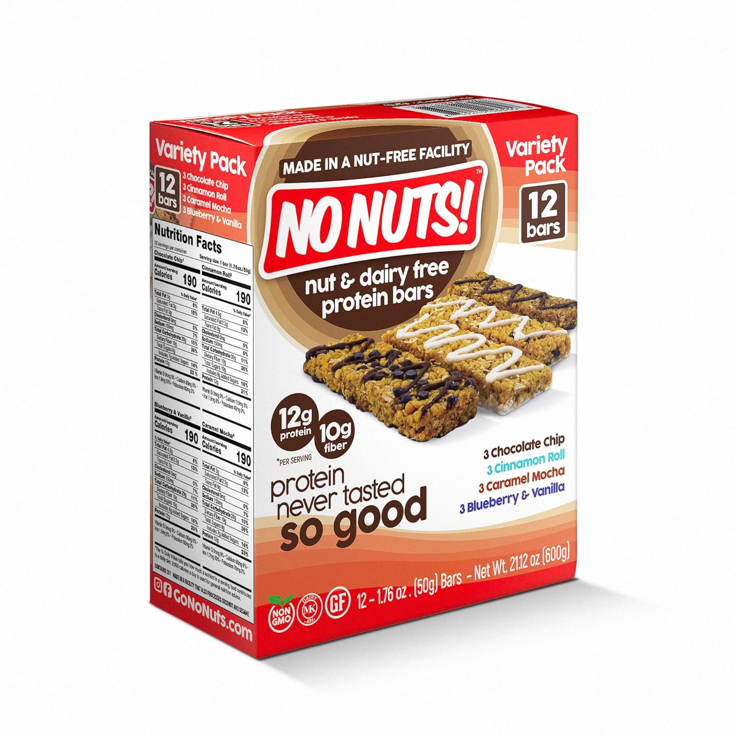No Nuts! Protein Bar Variety Pack – 12 Count | Nut-Free & School-Safe | Chocolate Chip, Caramel Mocha, Cinnamon Roll & Blueberry Vanilla | Dairy-Free, Vegan, Non-GMO, Organic, Kosher