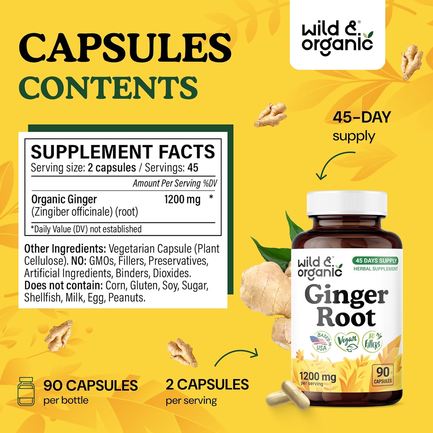 Wild & Organic Ginger Root Capsules 1200 mg - Immune & Digestive Support - Natural Ginger Supplements - Zingiber Officinale Powder - 45 Days of Supply - Vegan, No Fillers, Non-GMO - 90 Count - Image 3