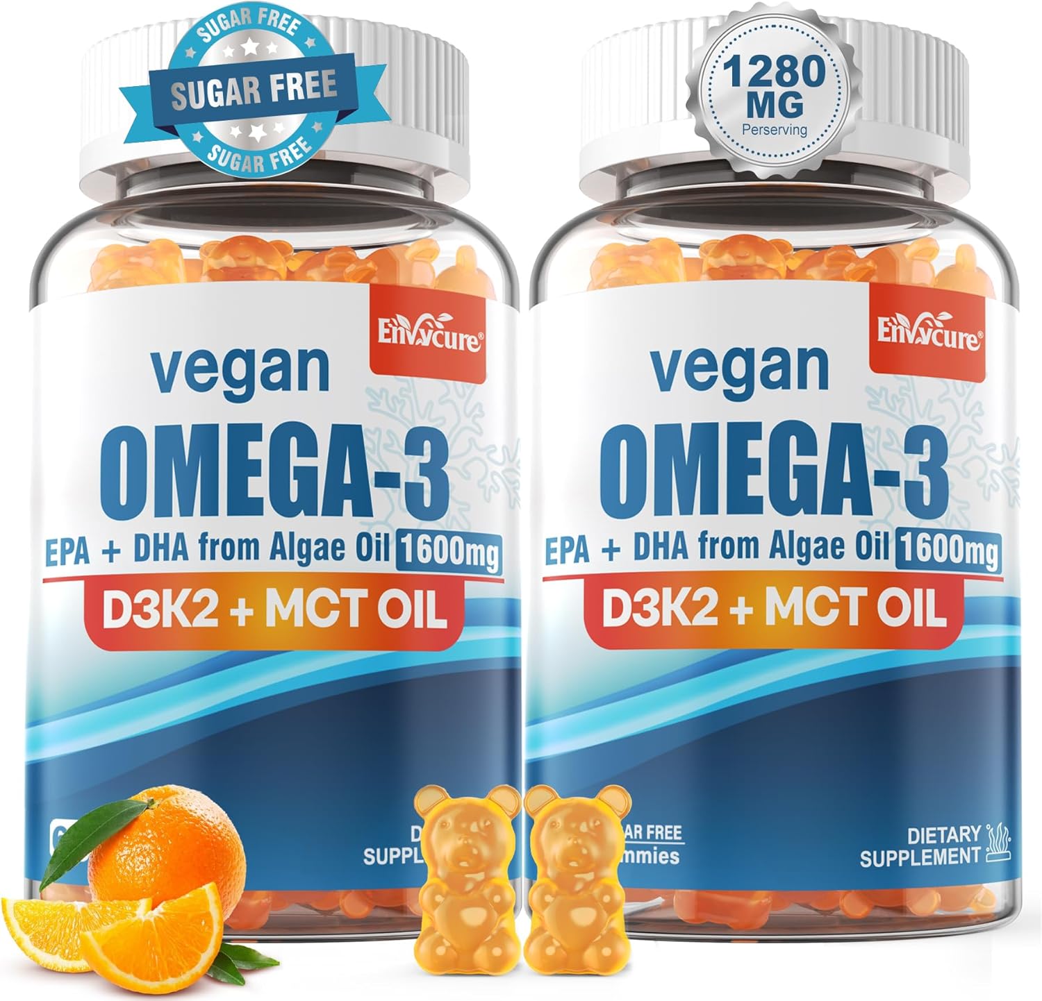 Vegan Omega 3 Gummies 1280mg + Vitamin D3 K2 (MK7), Omega 3 Fish Oil Alternative for Adults, w/Algae EPA 600mg & DHA 400mg, MCT Oil - No Fish Taste - for Brain, Eye, Immune Health, Sugar Free, 2 Pack