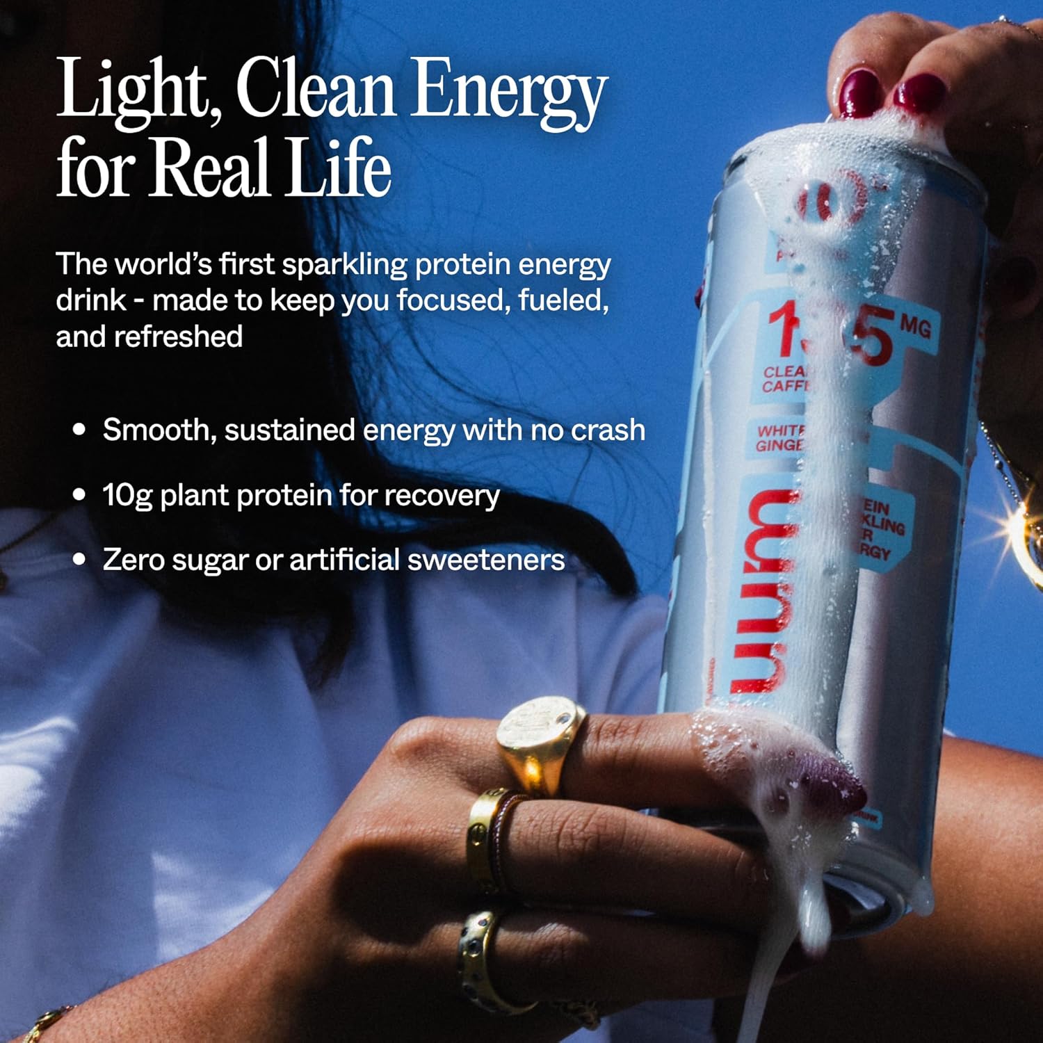 Vuum Sparkling Clear Protein Drink - 10g Plant Protein & Natural Caffeine with L-Theanine, Amino Acids for Focused Energy - Sugar Free, All Natural, Non-GMO 12 fl oz (12-Pack), White Peach Ginger - Image 3