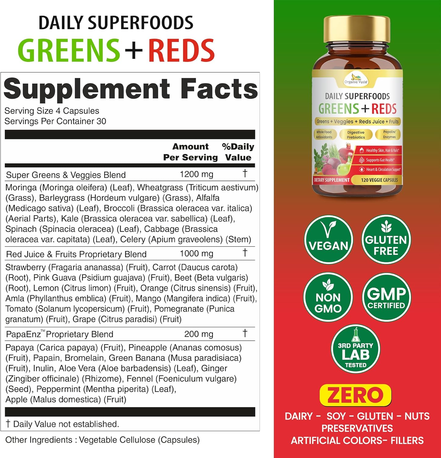 Organic Veda Super Greens & Reds Capsules - Organic Superfoods, Daily Greens, Red Juice, Fruits & Vegetables Supplement - Papaya Enzymes, Digestive Herbs, Bromelain, Antioxidants - 120 Veggie Capsules - Image 2