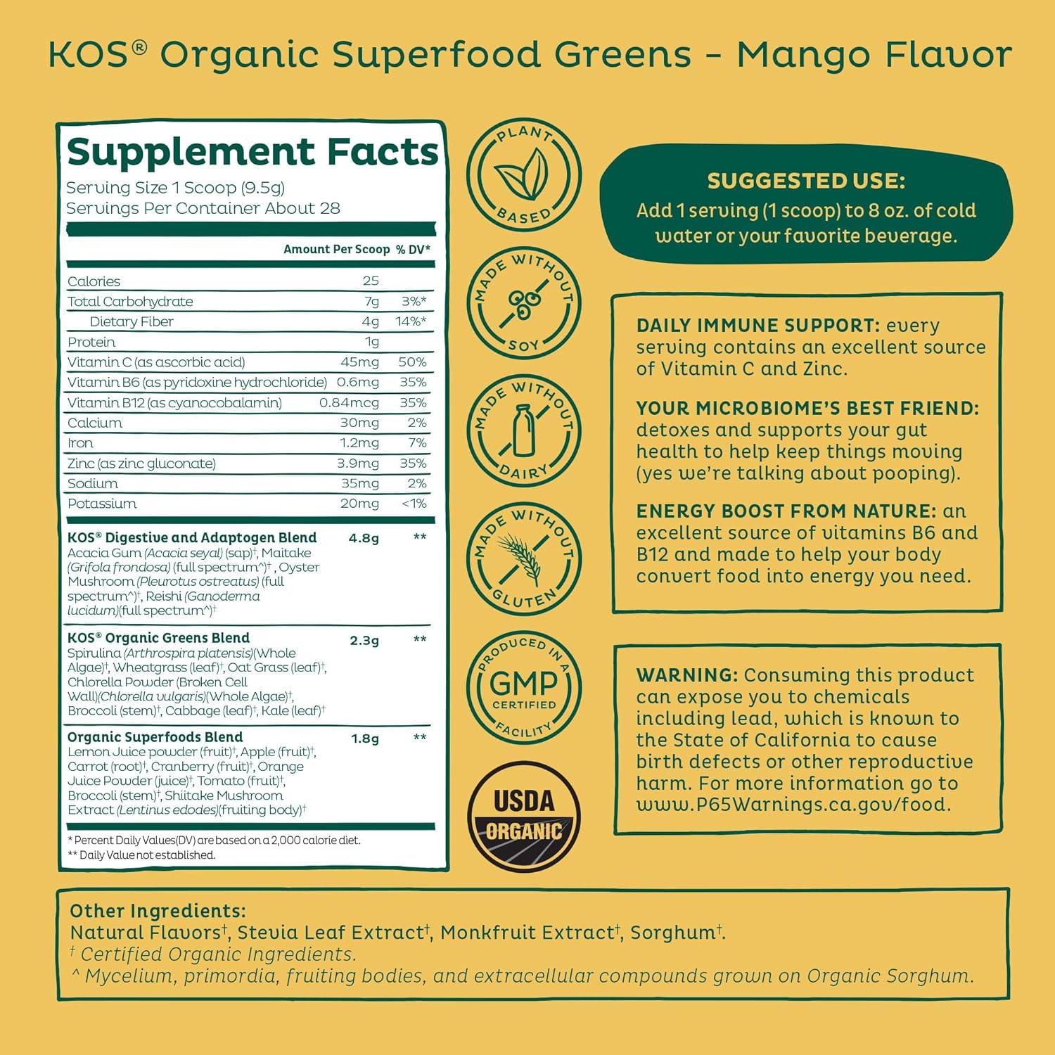 KOS Organic Superfood Greens Powder - Gut Health from Prebiotic Fiber, Supergreens and Adaptogens - USDA Certified Organic, Made in a GMP Certified Facility - 28 Servings Mango - Image 3