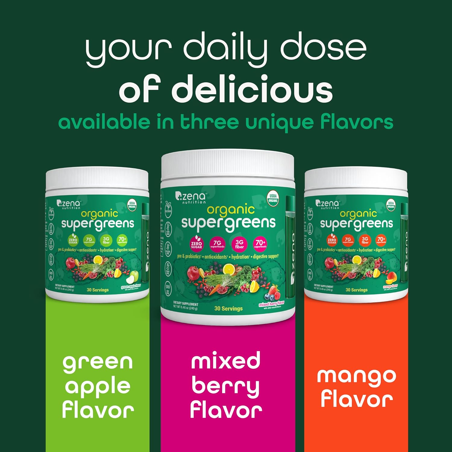Zena Nutrition Organic Super Greens Powder, 70+ Superfoods, 0 Sugar, 3G Fiber, Spirulina, Chlorella, Mushrooms, Prebiotics/Probiotics, Digestive Enzymes for Gut Health, Mango, 30 Servings - Image 7