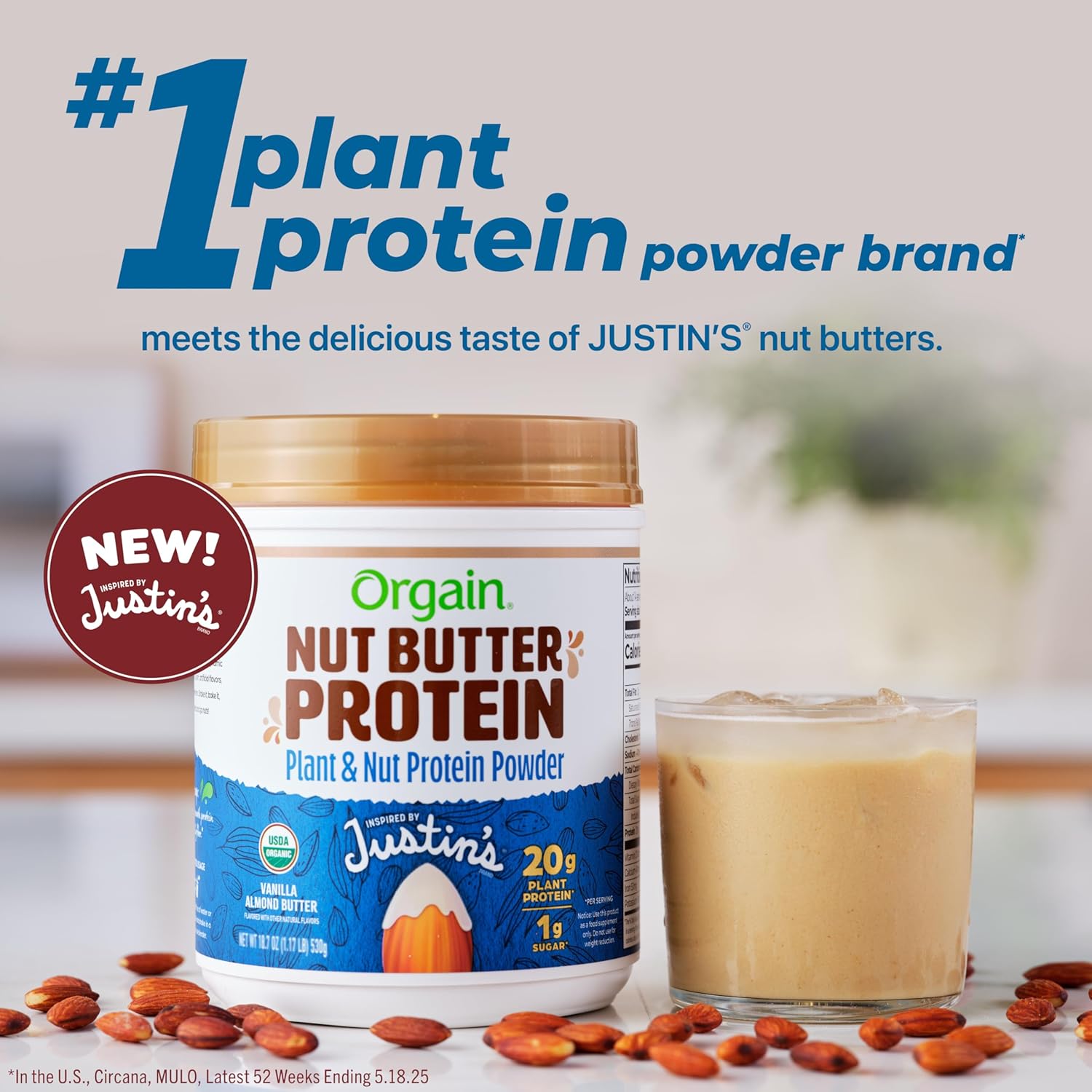 Orgain X Justin's ® Organic Vegan Nut Butter Protein Powder, Vanilla Almond Butter- 20g Plant Protein, 1g Sugar, Gluten Free, No Dairy, Soy Ingredients, or Artificial Flavors, 1.17 lb - Image 3