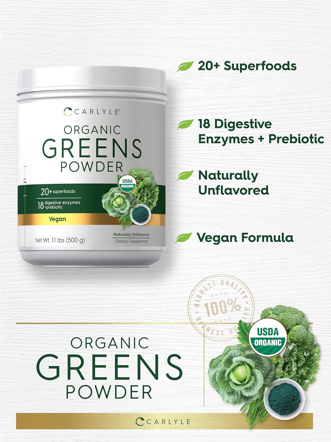 Carlyle Organic Greens Powder | 17.6 oz Supplement | Relieves Occasional Gas, discomfort & Bloating | with 20+ Superfoods, 18 Digestive Enzymes, and Prebiotics | Vegan, Non-GMO and Gluten Free - Image 4