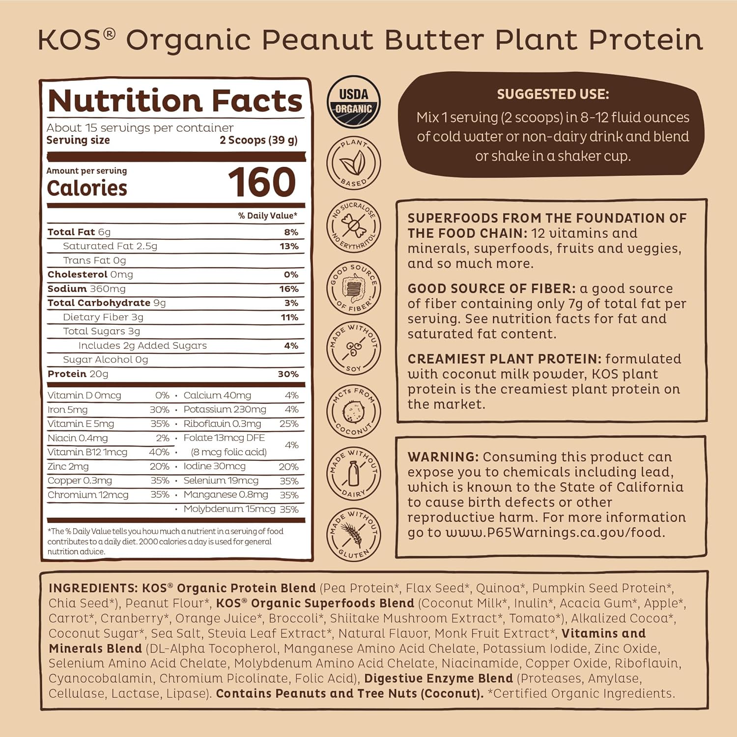 KOS Organic Plant Based Protein Powder, Chocolate Peanut Butter - Delicious Vegan Protein Powder - Keto Friendly, Gluten Free, Dairy Free & Soy Free - 15 Servings - Image 9