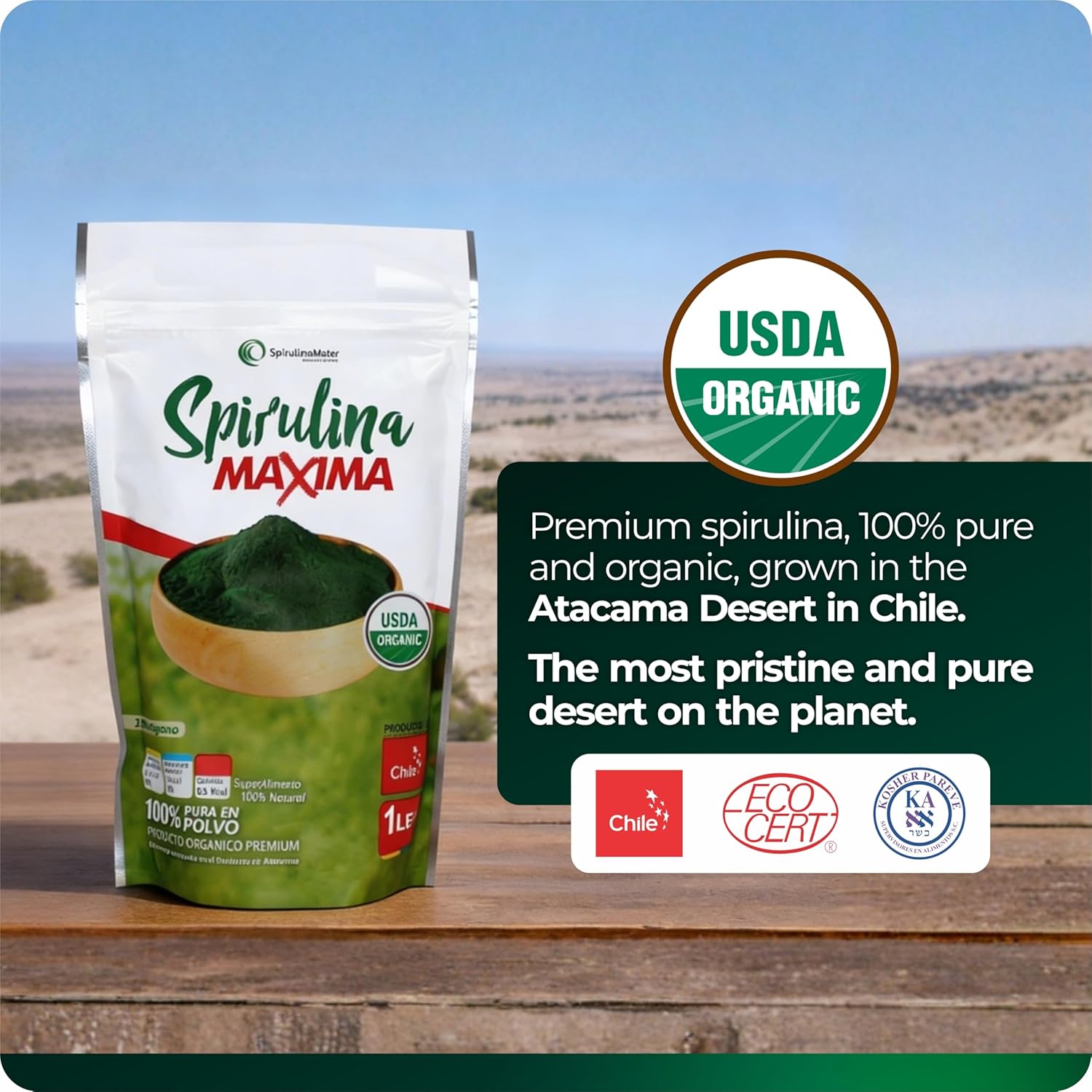 Organic Spirulina Powder 1 lb (16 oz) USDA Organic Blue Green Algae Superfood, Plant Based Protein + Chlorophyll, Vegan Non-GMO Gluten-Free, Smoothies & Juices, Atacama Desert Grown - Image 2
