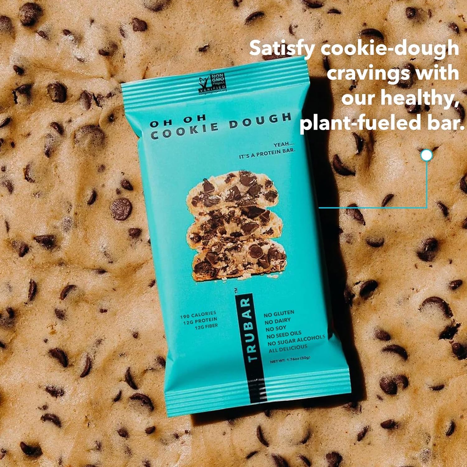 TRUBAR Vegan Protein Bar, Oh Oh Cookie Dough, Gluten Free, Plant Based, High Fiber, Dairy Free, Low Fat, Non GMO, No Sugar Alcohols, 12G Lean Protein, 13G Fiber, Healthy Snack Bars, 1 CT - Image 3