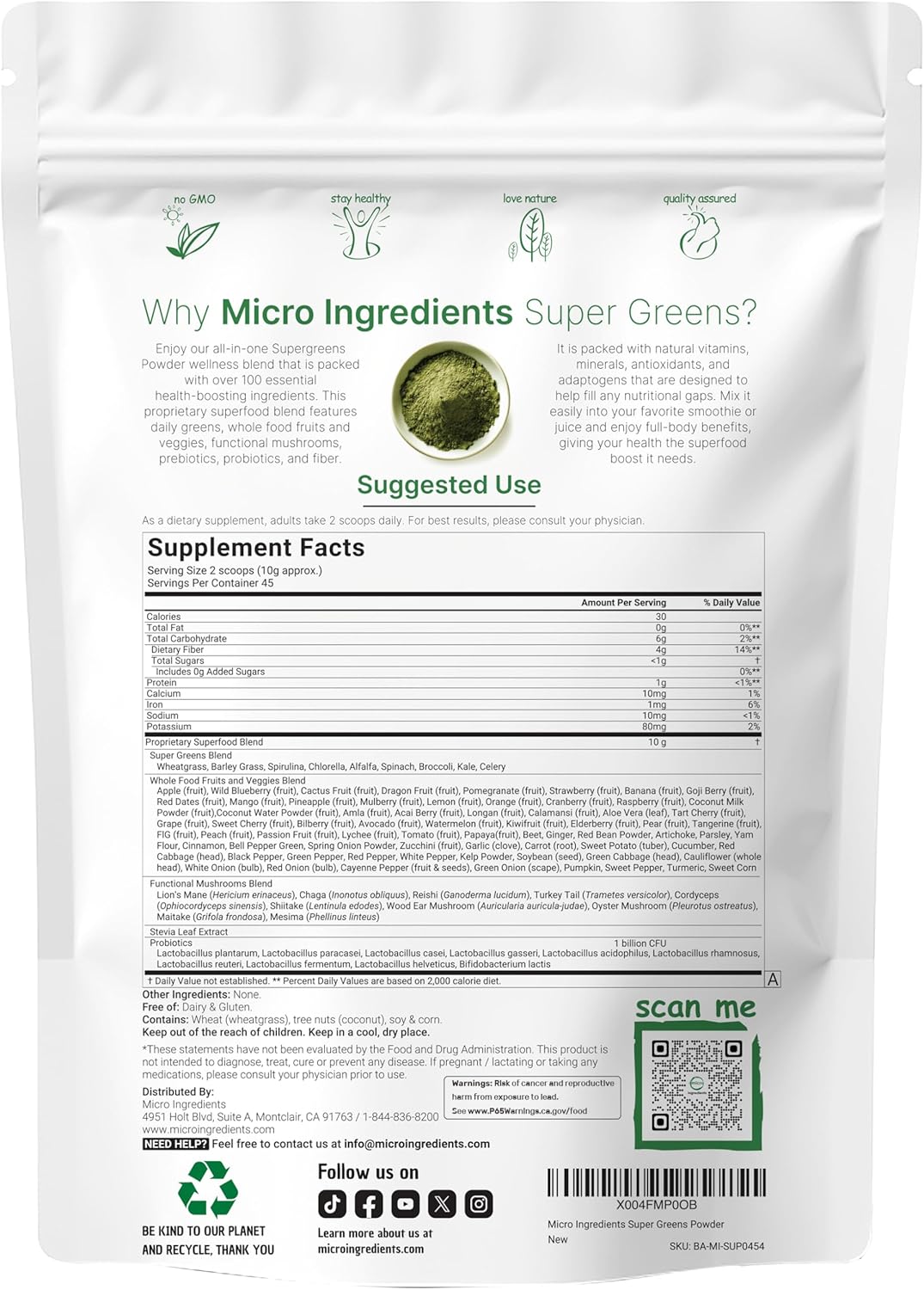 Micro Ingredients Super Greens Powder, 1lb | 100 Superfood Blend with Daily Greens, Fruits, Vegetables, Mushrooms & Probiotics | Source of Vegan Protein & Enzymes | Non-GMO, Gluten-Free, No Additives - Image 2