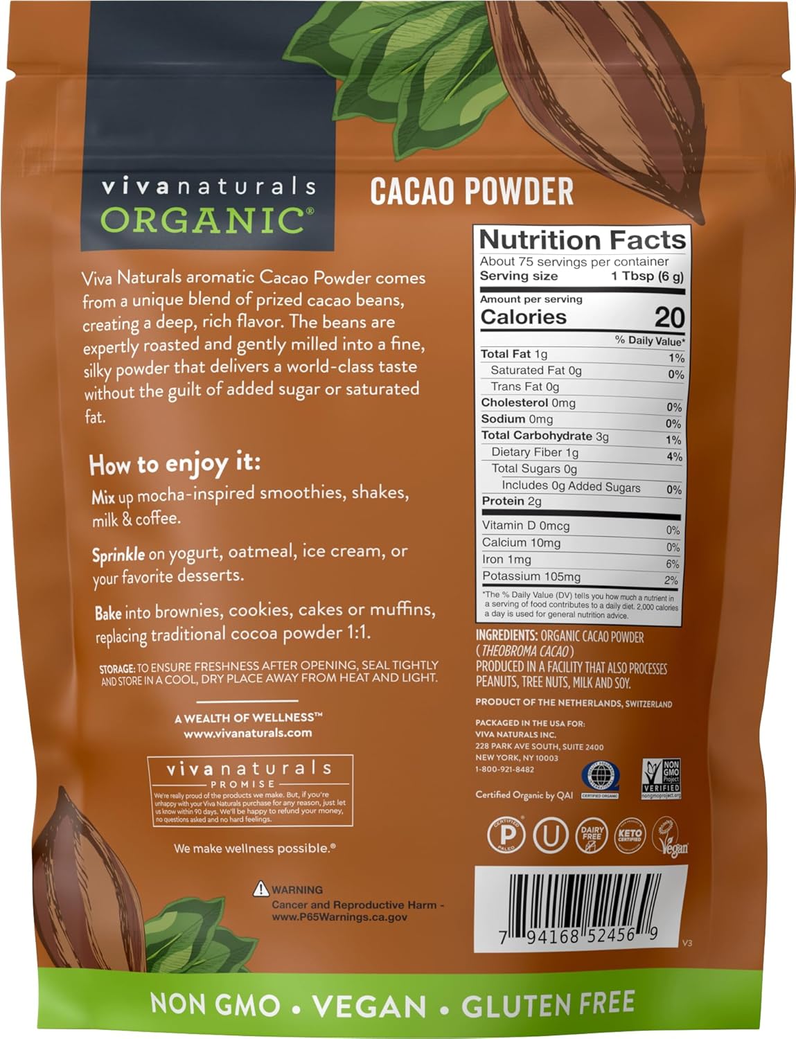 Organic Cacao Powder, Unsweetened, 1 lb (454 g) – Rich Dark Chocolate Flavor, Perfect for Baking, Smoothies & Hot Chocolate – Vegan, Keto, Paleo, Non-GMO & Gluten-Free Cocoa Powder - Image 3
