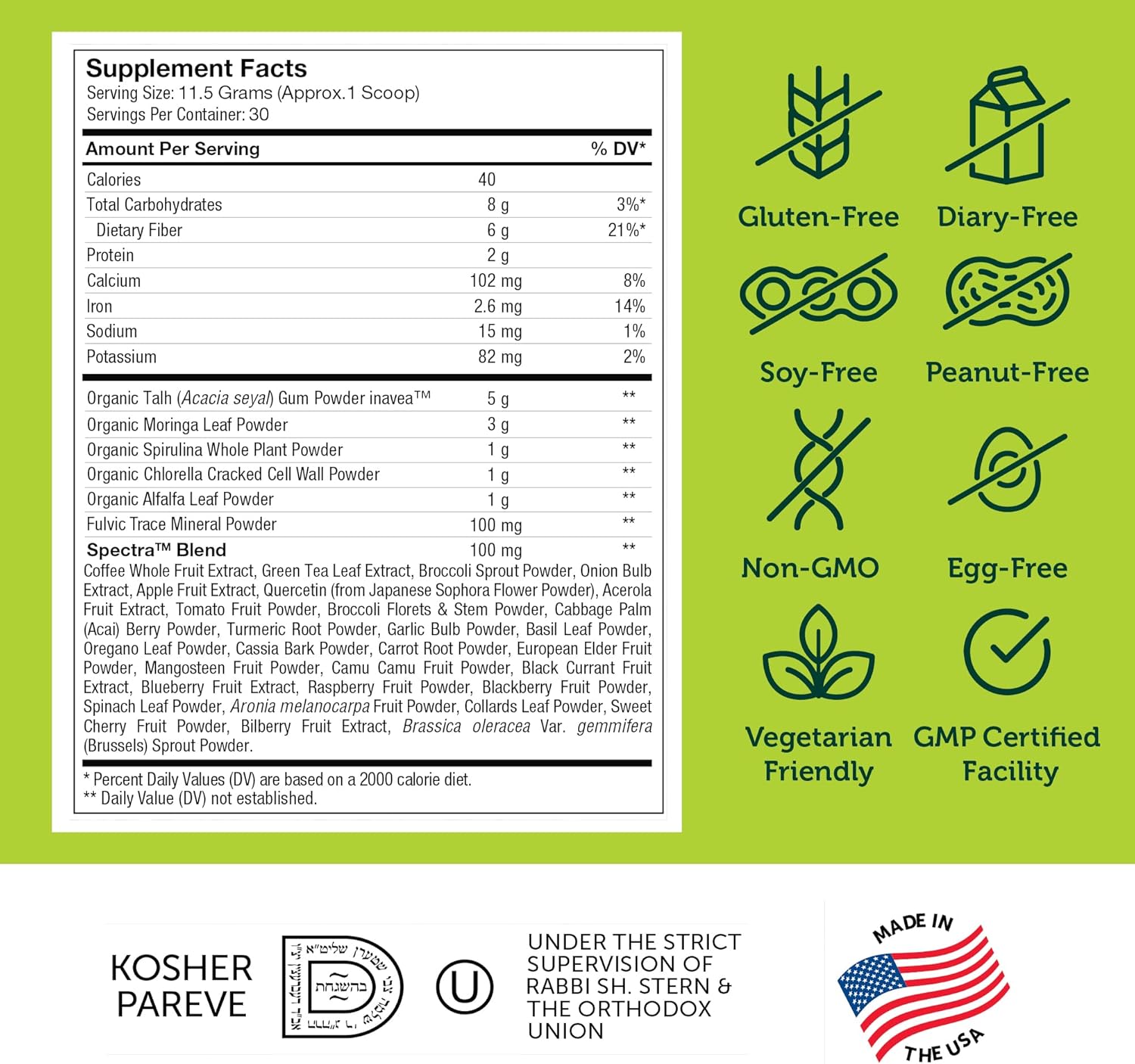 Zahler Core Greens Powder Nutrition Supplements - Superfood Powder - Super Green Juice & Smoothie Mix - Phytonutrient Rich with Spirulina, Chlorophyll & More - Kosher Superfood - Image 6