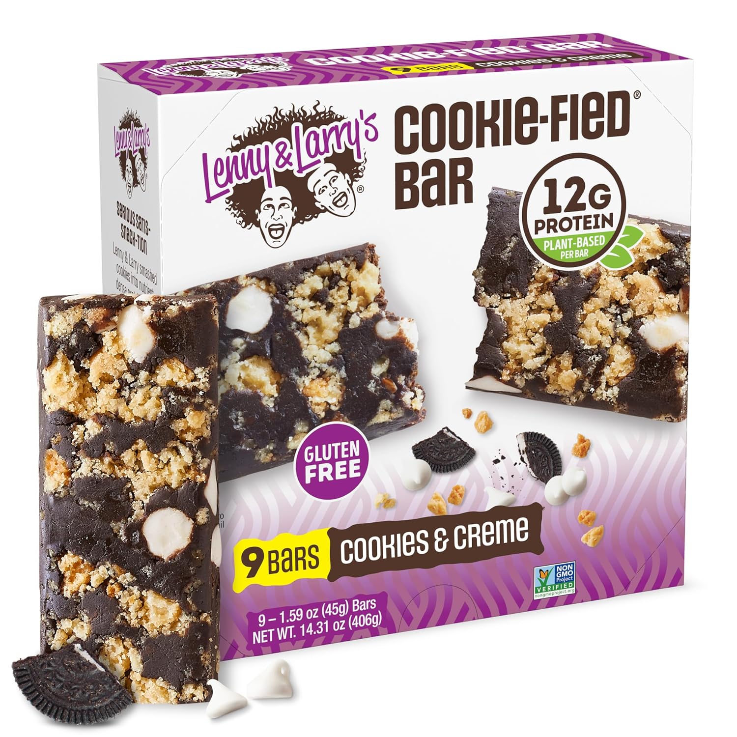 Lenny & Larry's Cookie-fied Protein Bar – Cookies & Creme Vegan Protein Bars 9x45g – Healthy Snacks with 12g Plant Protein & 5g Fiber – Gluten Free Power Bar, Non-GMO & Vegan