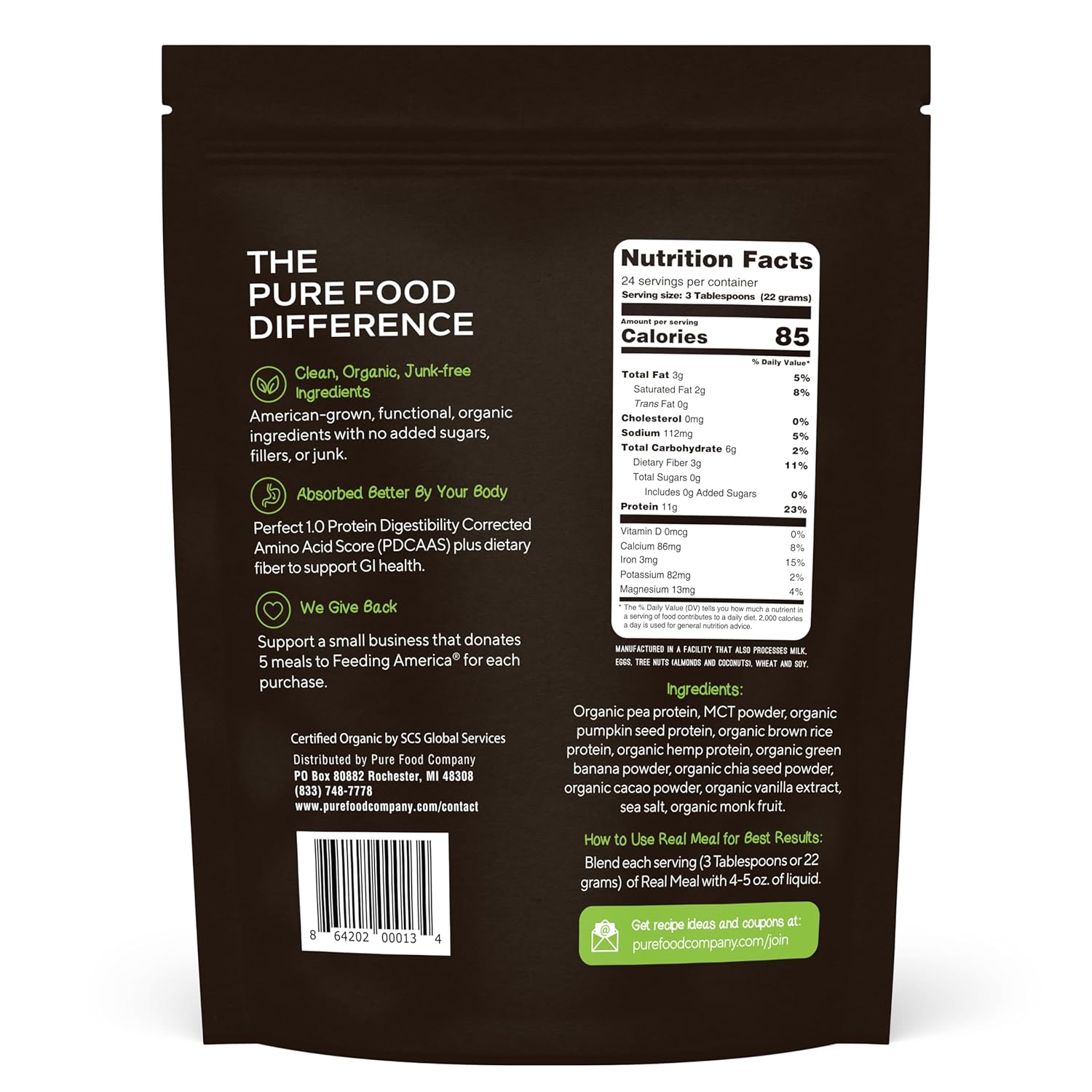 Pure Food Real Meal Vegan Protein Replacement Powder - Organic Plant-Based Gluten-Free Low-Carb High-Fiber No-Sugar Formula - 530 Gram Raw Cacao (Chocolate) Flavor - Image 2