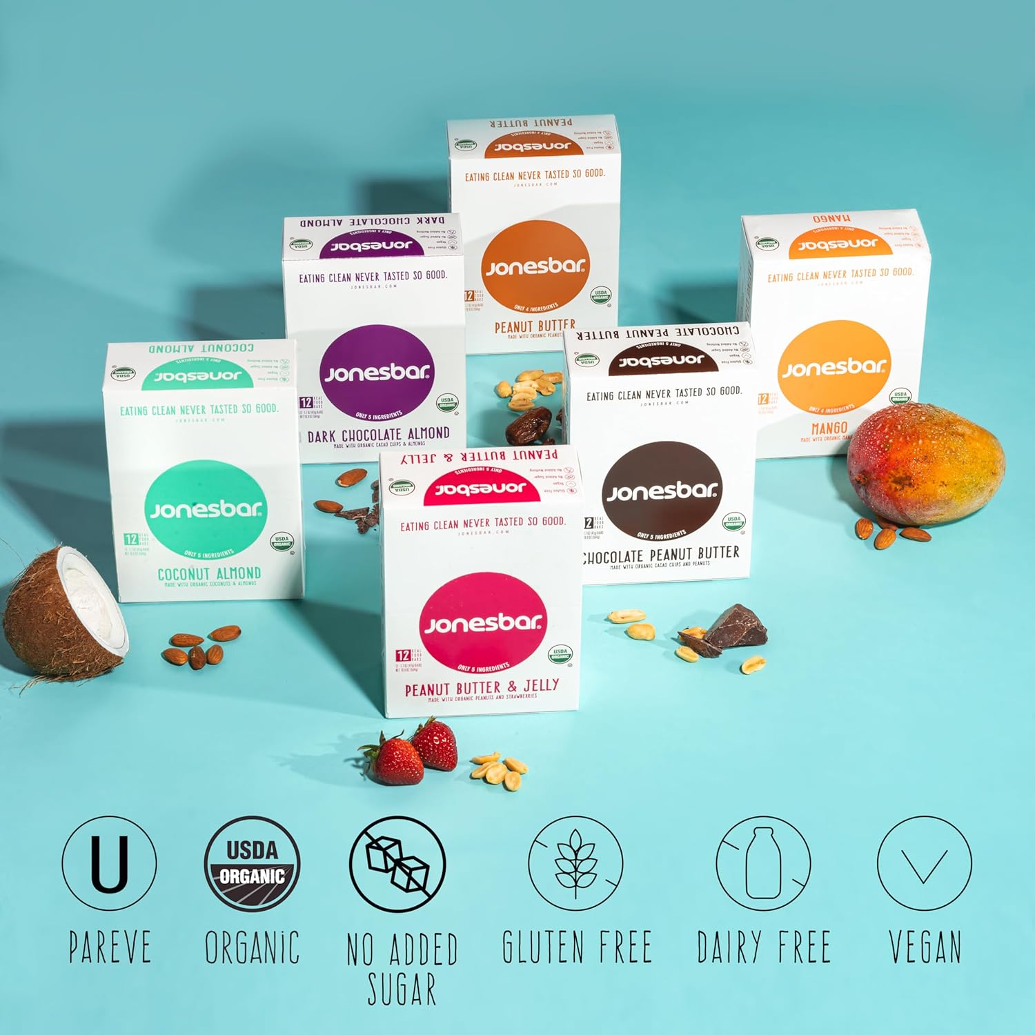 JONESBAR Organic Plant Based Protein Bars | 6 Flavor Variety Pack | Fruit & Nut Bar, Kosher, Gluten Free, Breakfast Bars, School Snacks, Vegan Snack & Healthy Snacks for Adults and Kids (Pack of 12) - Image 9