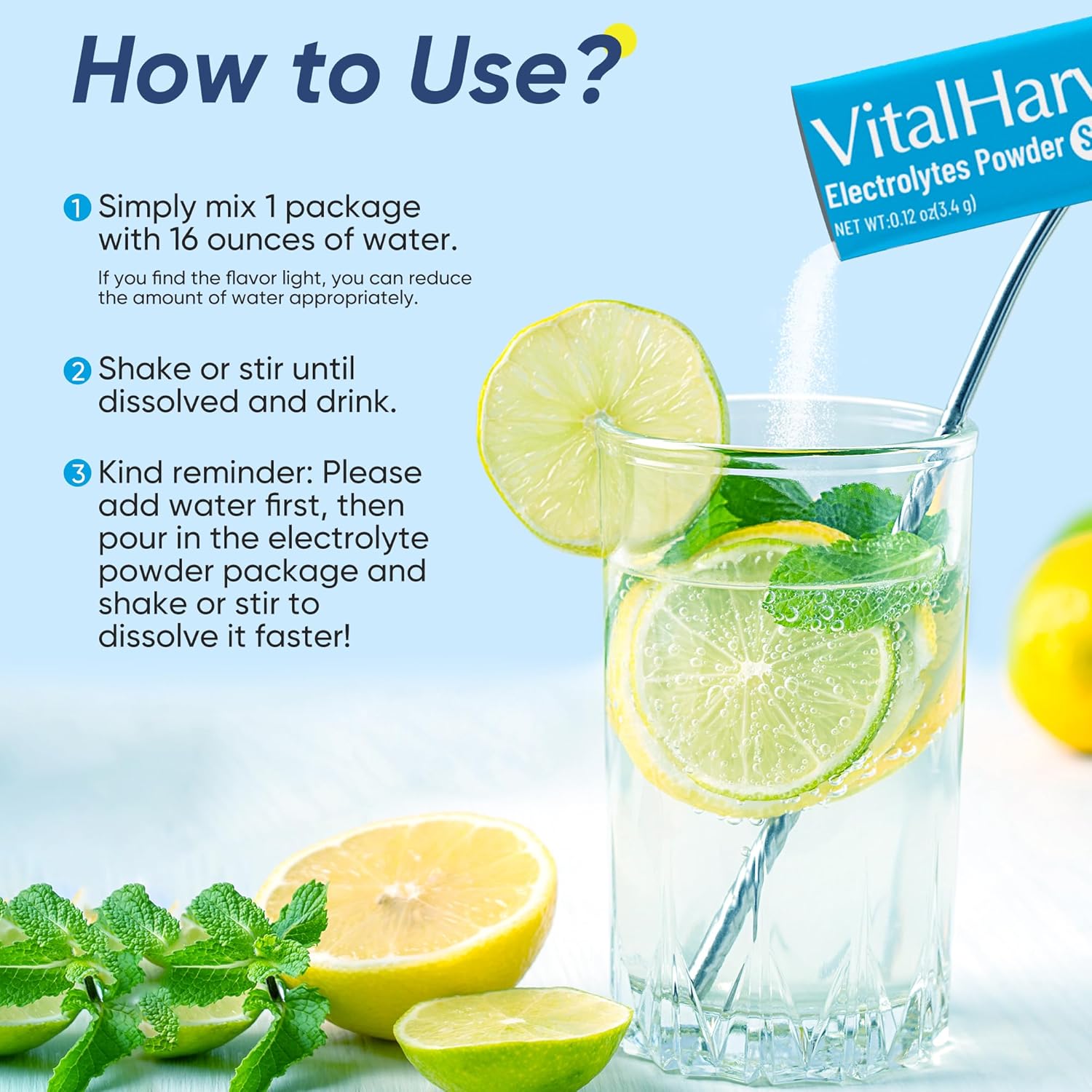 VitalHarvest 36 Sticks Electrolytes Powder Packets 6 Flavors Sugar Free Hydration Packets Electrolyte Liquid Daily IV Drink Mix with Lemon Lime, Watermelon, Orange, Raspberry, White Peach, Blueberry - Image 6