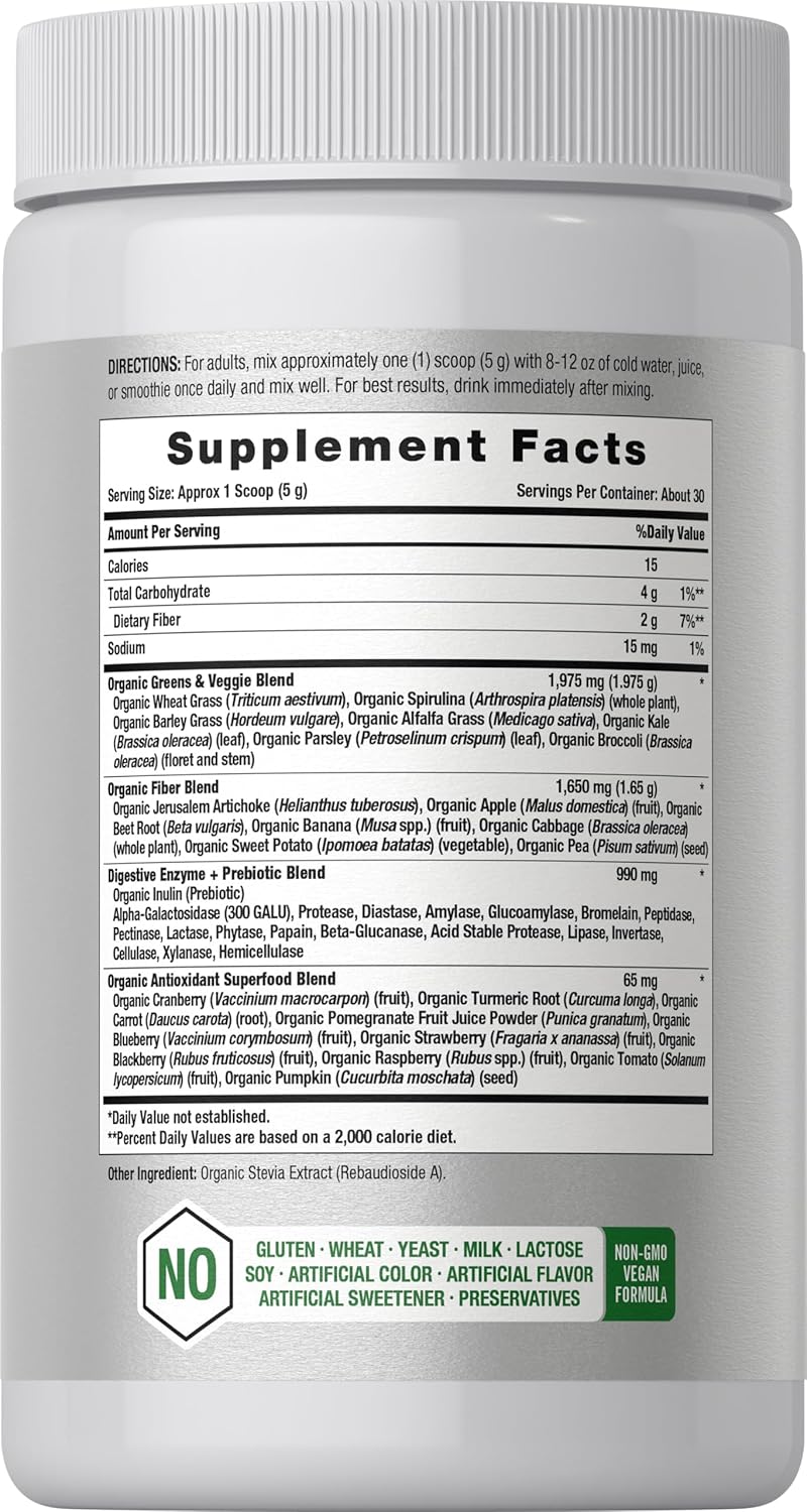 Horbäach Organic Greens Powder | 5.29 oz Supplement | with 20+ Superfoods, 18 Digestive Enzymes, and Prebiotics | Relieves Occasional Gas, Discomfort & Bloating | Vegan, and Non-GMO - Image 2