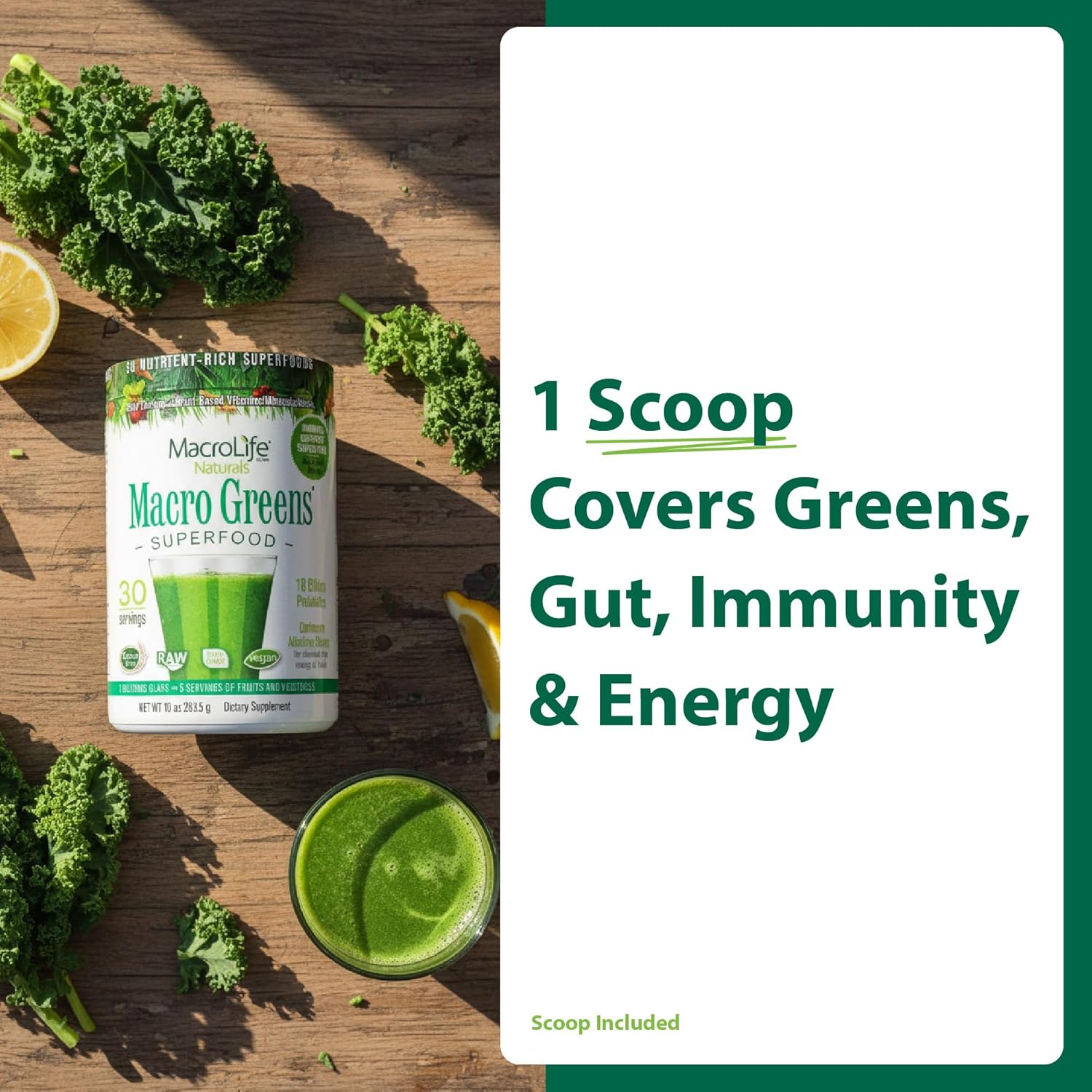 MacroLife Macro Greens Powder 38 Superfood Probiotics Antioxidants Digestive Enzymes & Adaptogen Supplement - Daily Super Green Juice & Smoothie Mix - Non-GMO Vegan Gluten-Free - 10oz (30 Servings) - Image 3