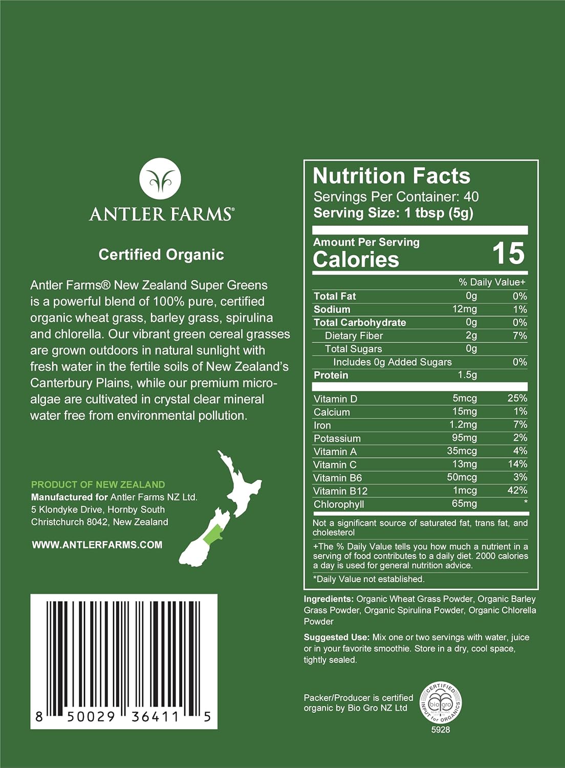 Antler Farms - 100% Pure Organic New Zealand Super Greens Powder, 40 Servings, 200g - Wheat Grass, Barley Grass, Chlorella, Spirulina - Vegan, Gluten Free, Chlorophyll Rich, for Energy and Detox - Image 2
