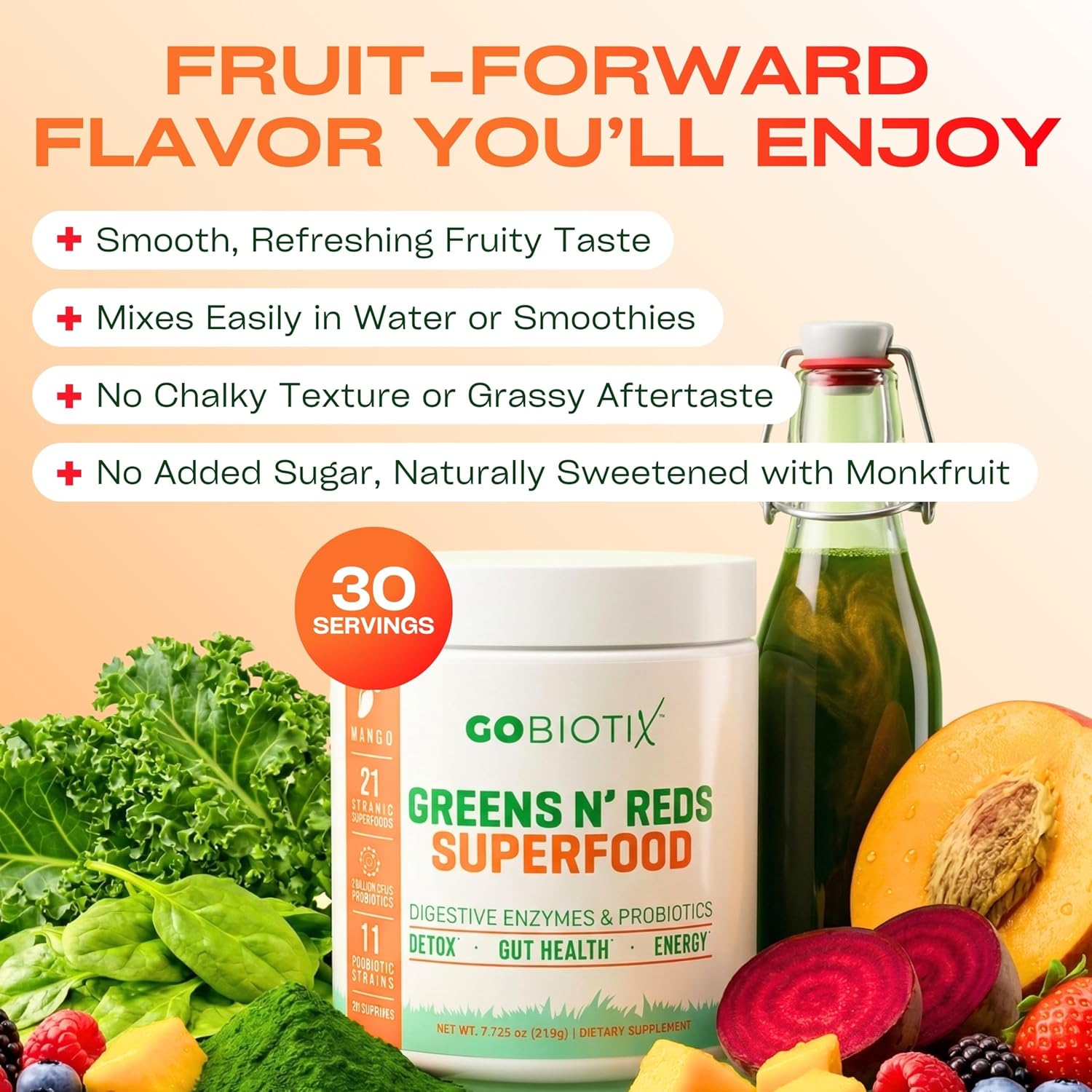 GOBIOTIX Super Greens Powder with Organic Spirulina - Superfood Supplement with Fruit Blend, Probiotics and Enzymes for Digestive Health - Vegan, Non-GMO - 30 Servings (Mango - 1 Pack) - Image 6