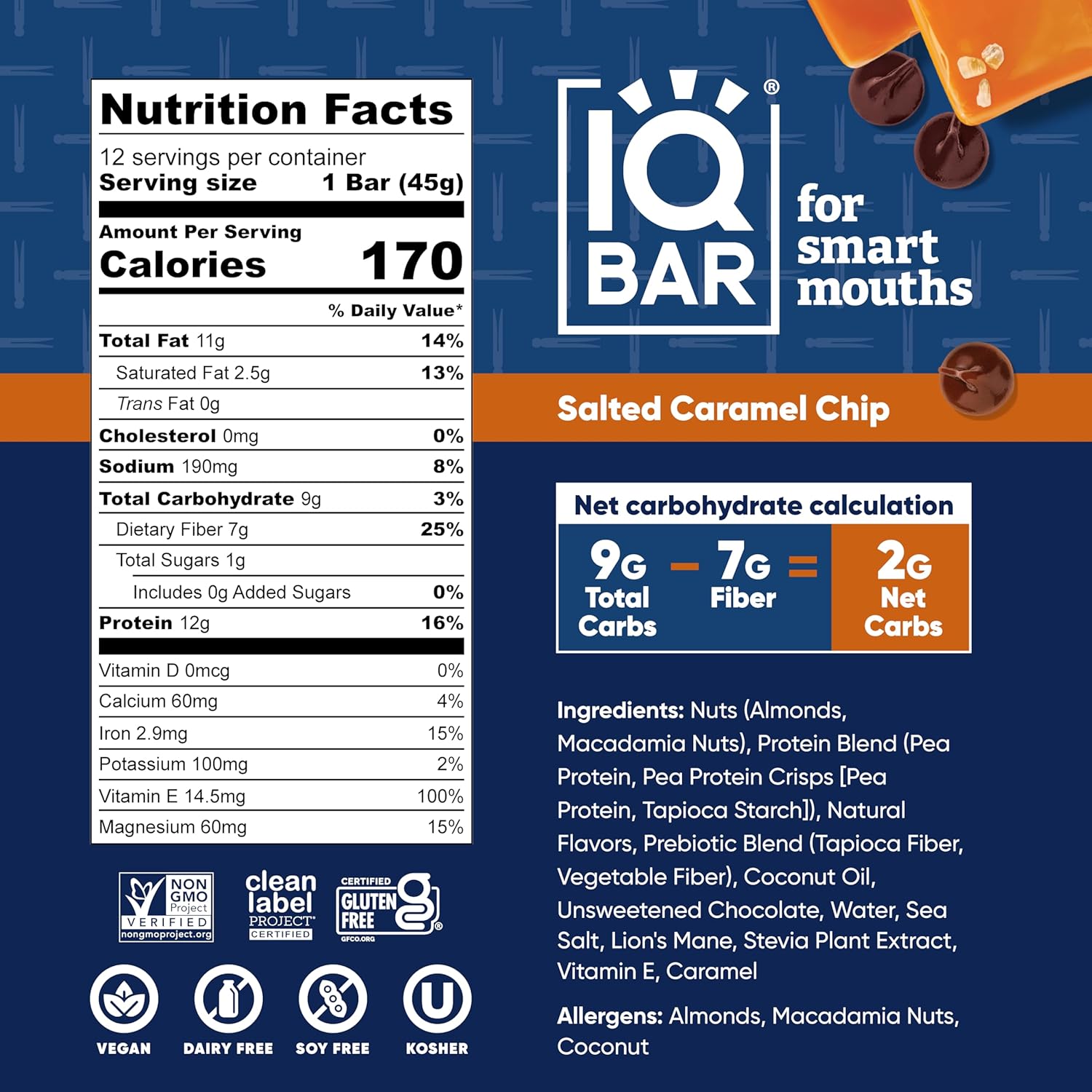 IQBAR Clean Plant Protein Bars - Salted Caramel Chip - 12 Count - Keto, Vegan, High Fiber, Gluten and Dairy Free, Low Sugar Snack - Brain and Body Nutrients for Focus, Energy, Meal Replacement - Image 2