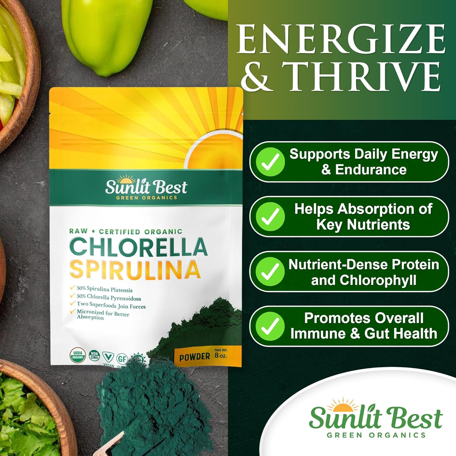Sunlit Best USDA Organic Chlorella Spirulina Powder - 100% Raw & Vegan Source of Protein & Chlorophyll | Non GMO & Gluten Free Superfood Energy Drink | Gut Health & Immune Support Supplement, 8 oz - Image 4
