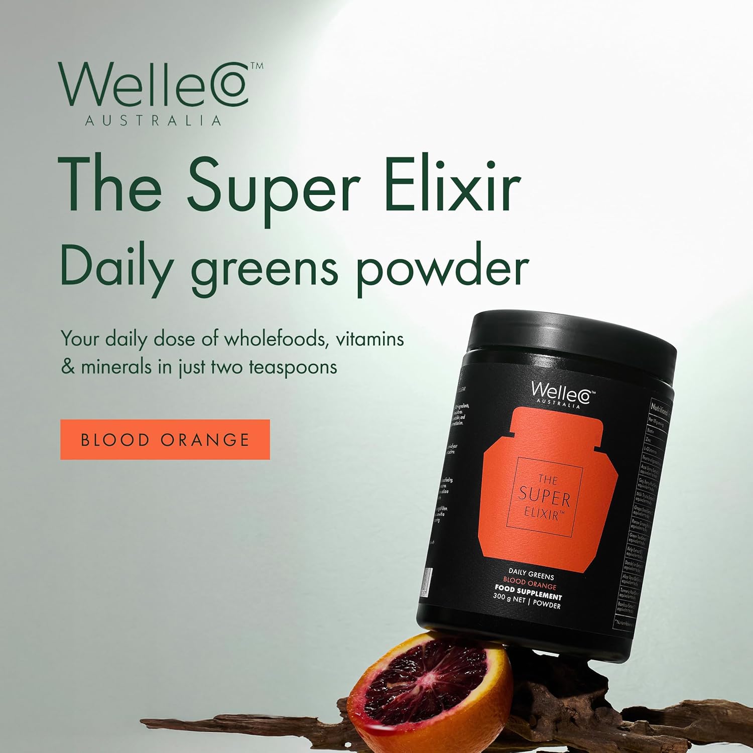 WelleCo The Super Elixir Daily Greens Powder, Probiotic Drink Mix with Whole Foods, Gluten Free, Vegan Gut Health Powder, Energy, Immunity, Healthy Skin, Hair & Nails (Jar, Blood Orange) - Image 2