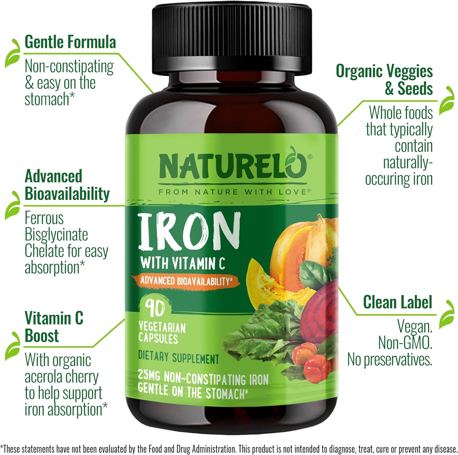 NATURELO Vegan Iron Supplement with Vitamin C and Organic Whole Foods - Gentle Iron Pills for Women & Men with Iron Deficiency Including Pregnancy, Anemia and Vegan Diets - 90 Mini Capsules - Image 2