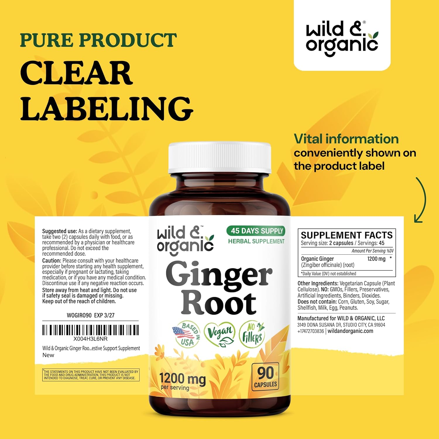 Wild & Organic Ginger Root Capsules 1200 mg - Immune & Digestive Support - Natural Ginger Supplements - Zingiber Officinale Powder - 45 Days of Supply - Vegan, No Fillers, Non-GMO - 90 Count - Image 7