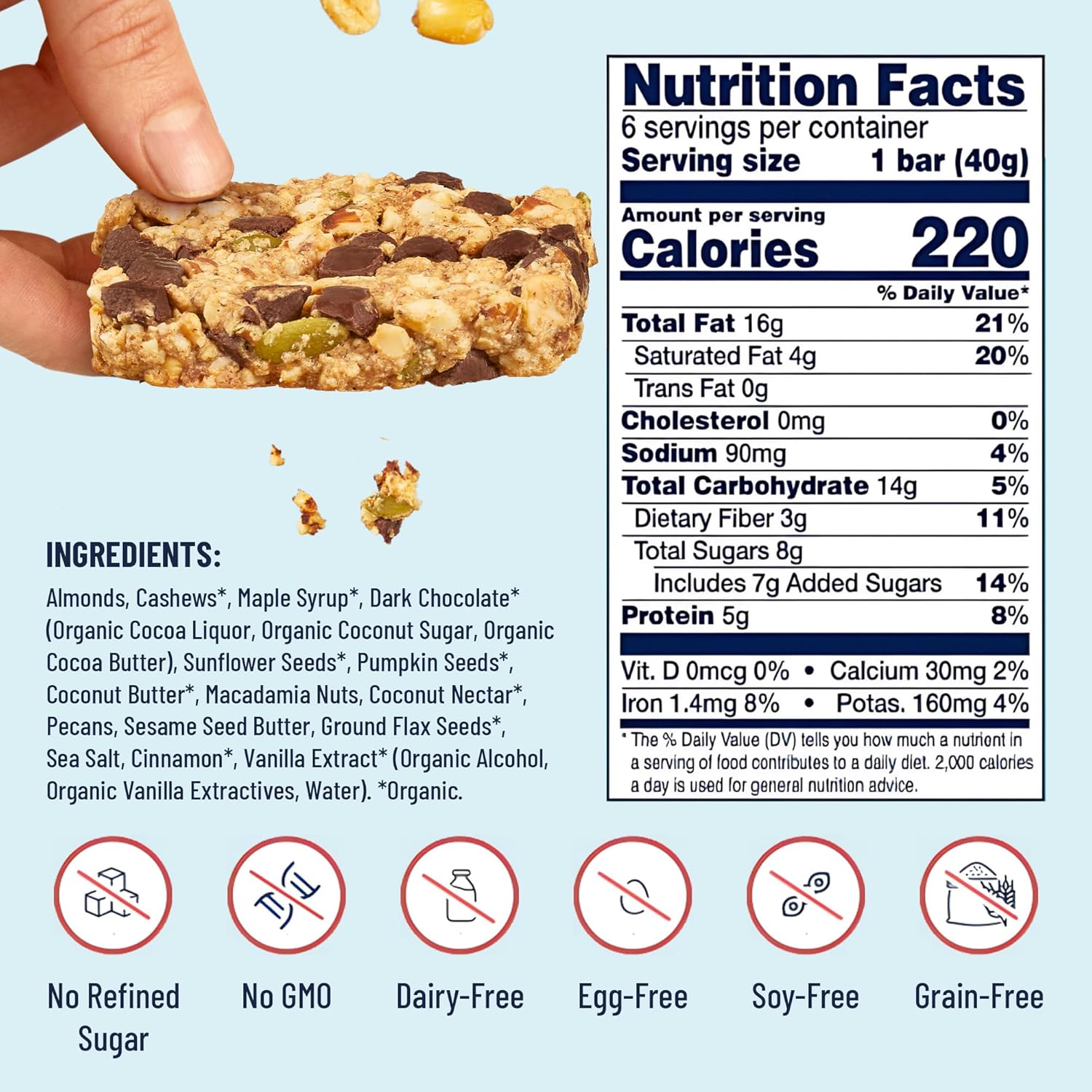 YES Nut Bars - Dark Chocolate Chip - Soft Chewy Healthy Snack Bars Made with Organic Maple Syrup – Vegan, Paleo, Gluten Free, No Refined Sugar, Dairy Free, Plant Based Protein, Low Sugar - 6 Count - Image 2