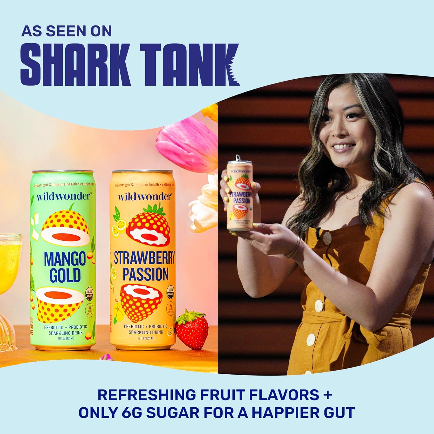 wildwonder Sparkling Probiotic Drink 12pk, For Gut Health & Immune Support, Strawberry Passion, 5g Prebiotic Fiber, Live Probiotics, Organic, Vegan, Low Sugar, 12 Pack, 12oz Can, As Seen on Shark Tank - Image 6