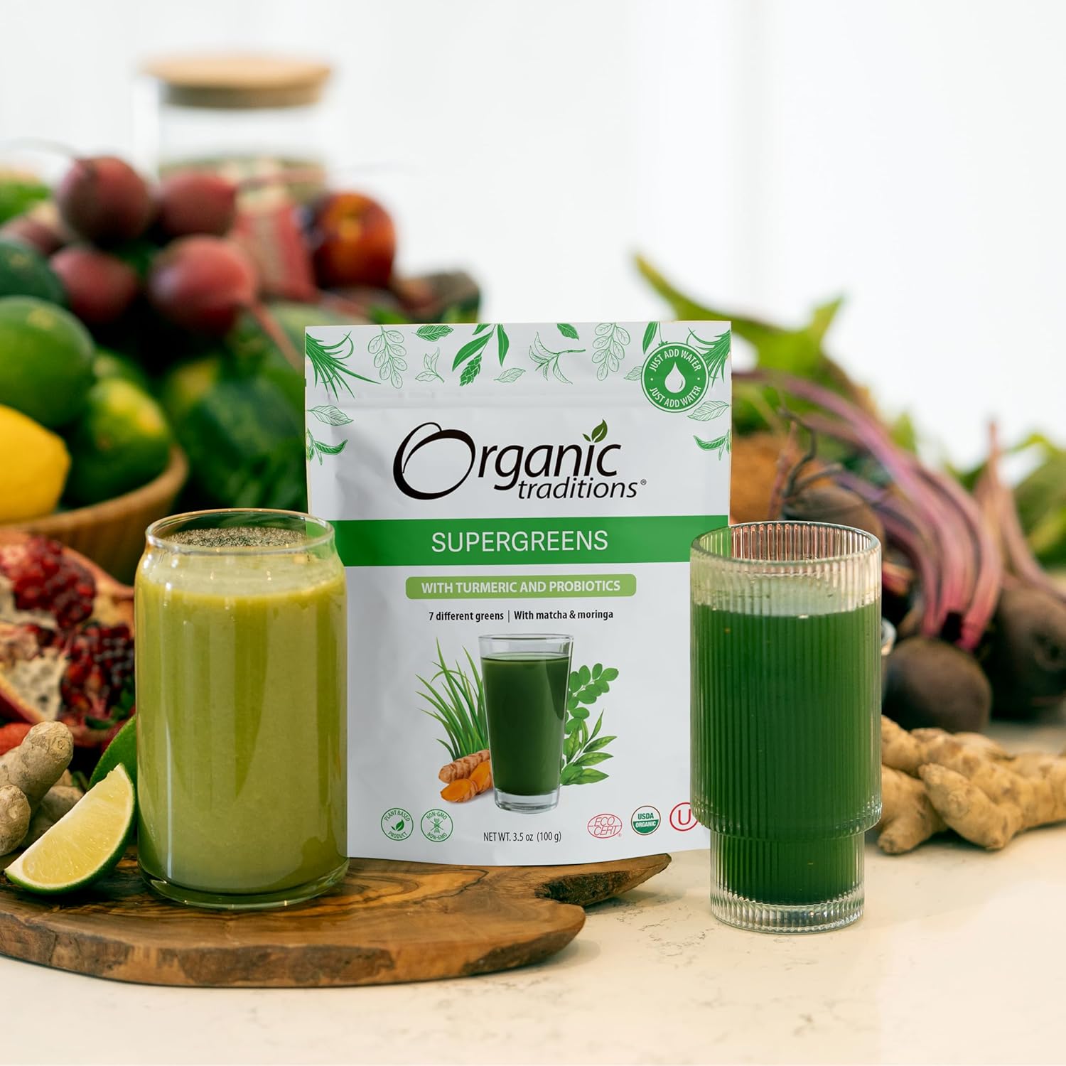 Organic Traditions Super Greens Powder with Turmeric, Organic Greens Superfood Blend with Vitamins Minerals and Probiotics, Plant Based Green Juice Mix for Smoothies and Drinks, 100g / 3.5oz Bag - Image 4